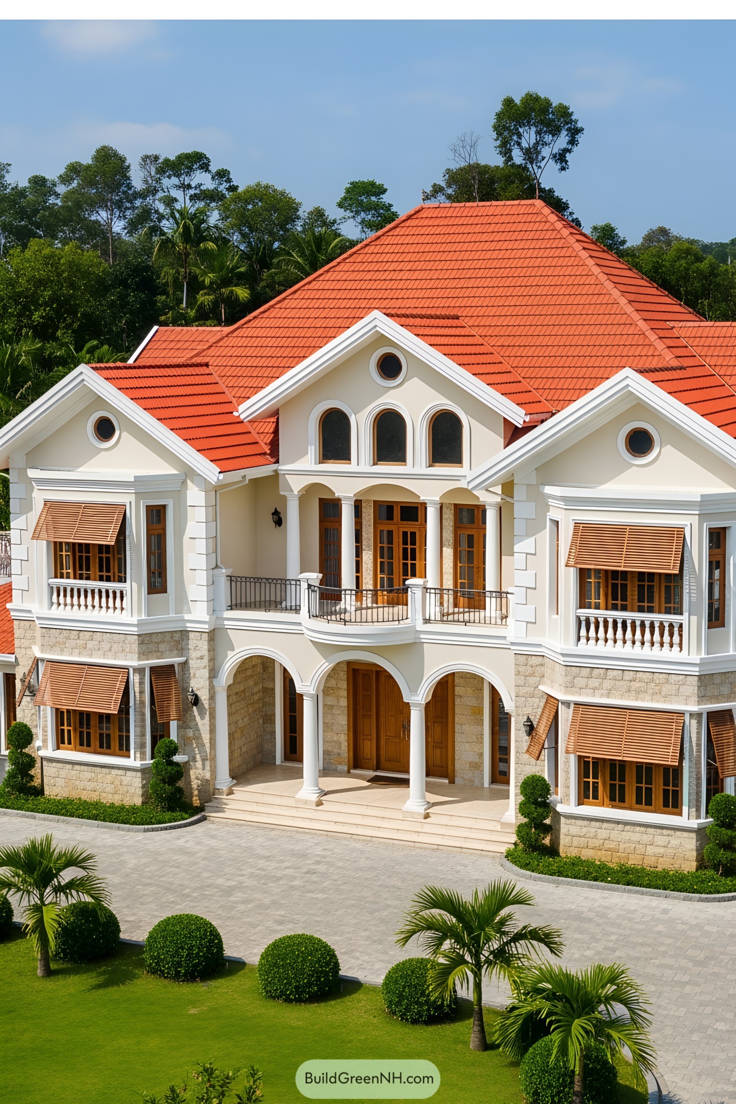 Elegant villa with bold red roof and lush landscape