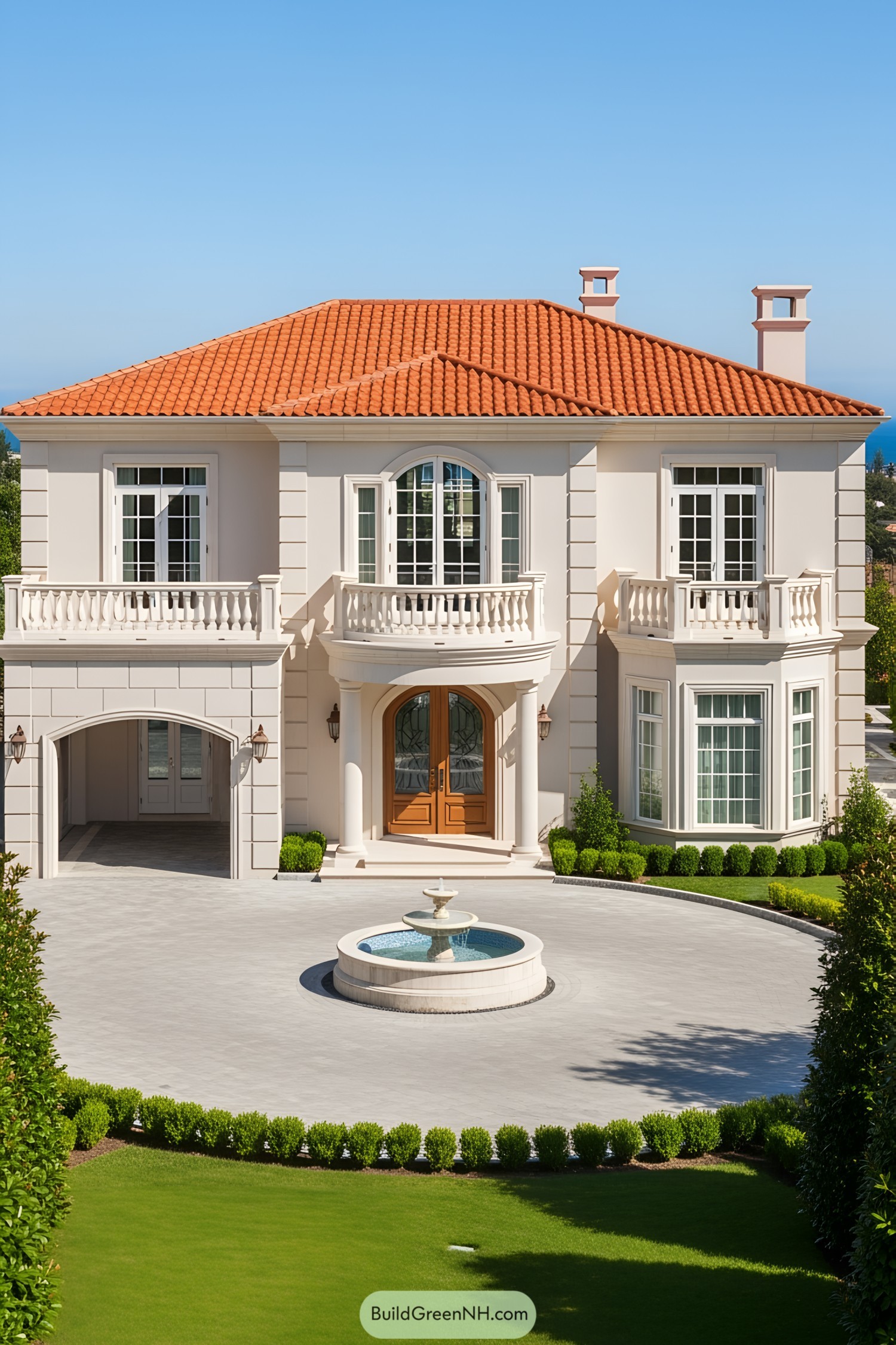 Elegant villa with a red-tiled roof and a central fountain