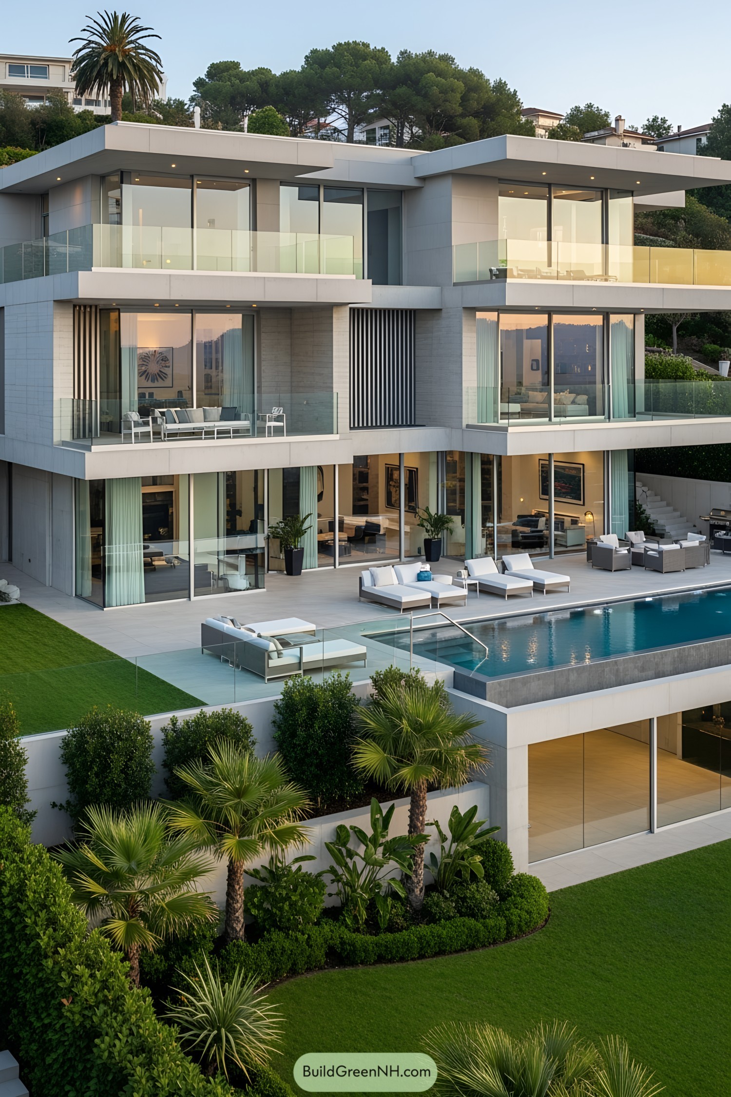 Luxurious modern villa with glass facades and pool