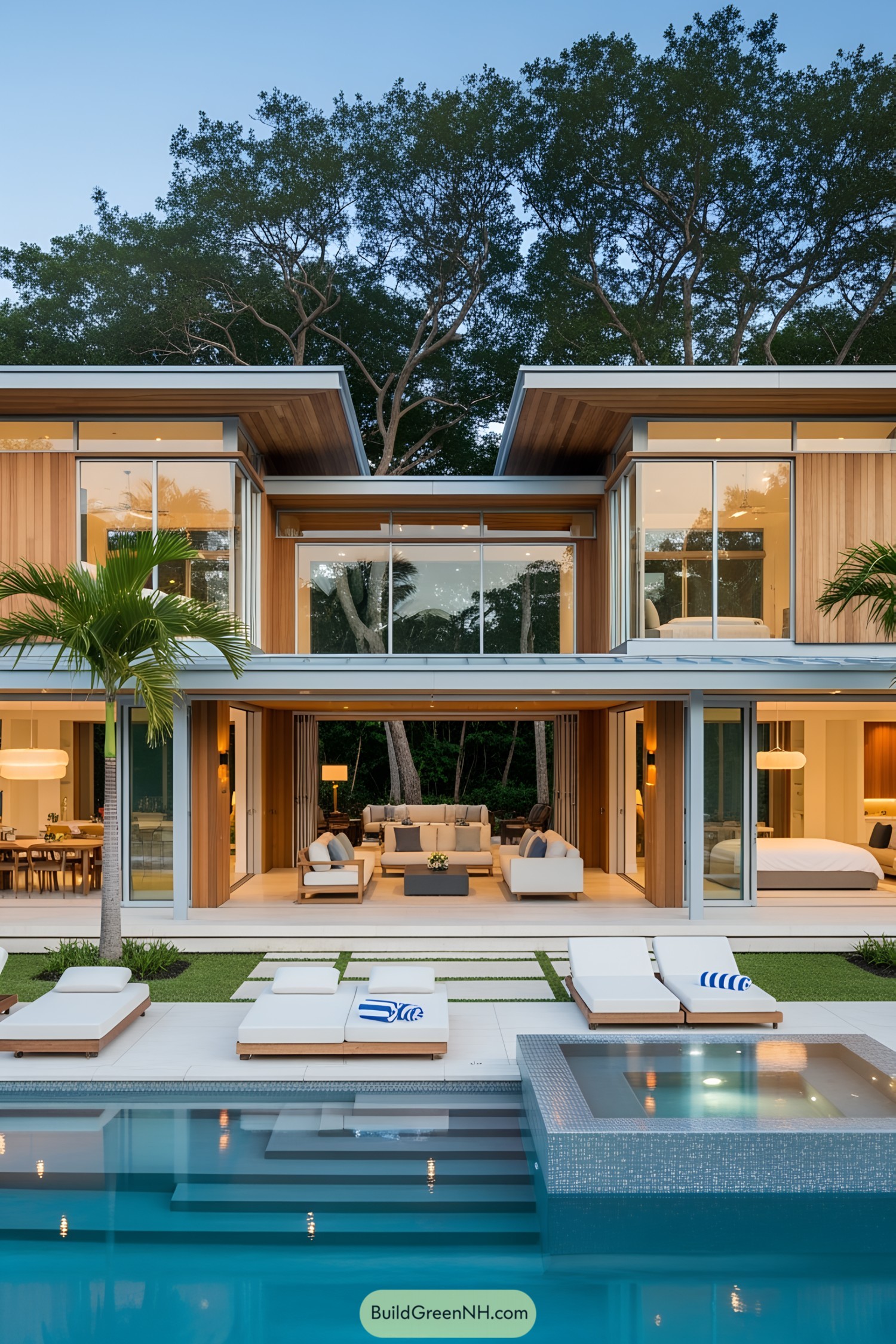 Modern villa with large glass windows and a sleek pool