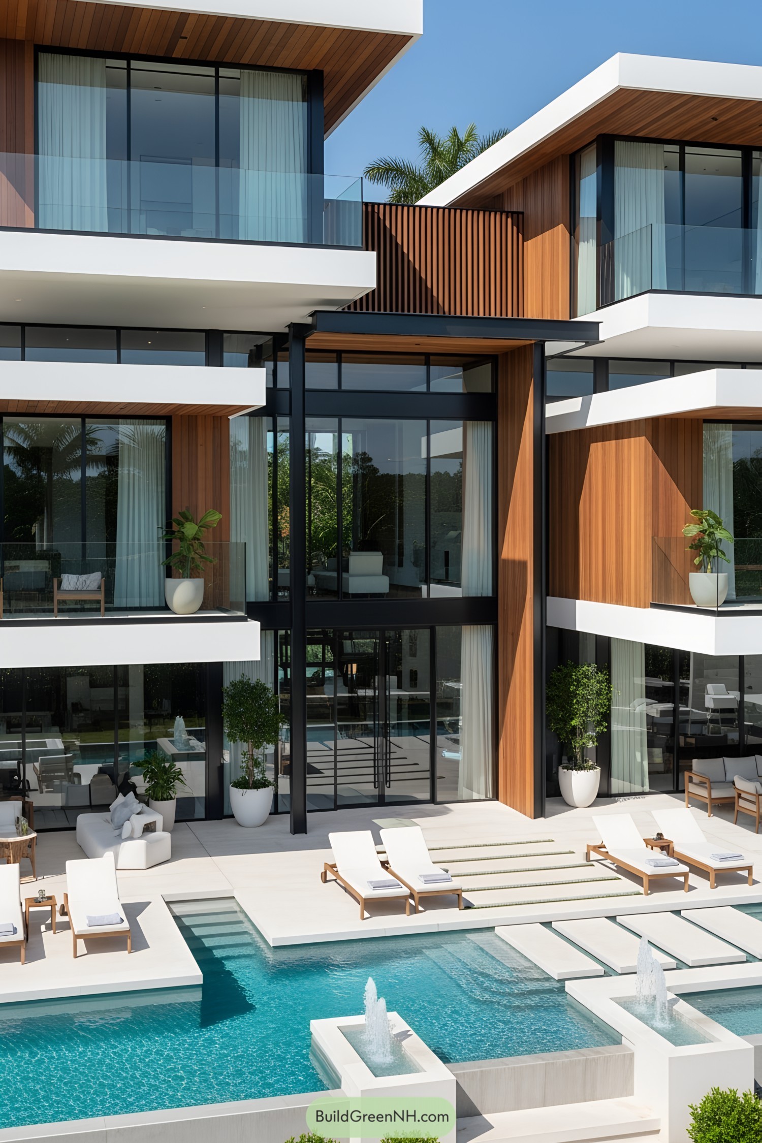 Modern villa with sleek design, pool, and wooden accents