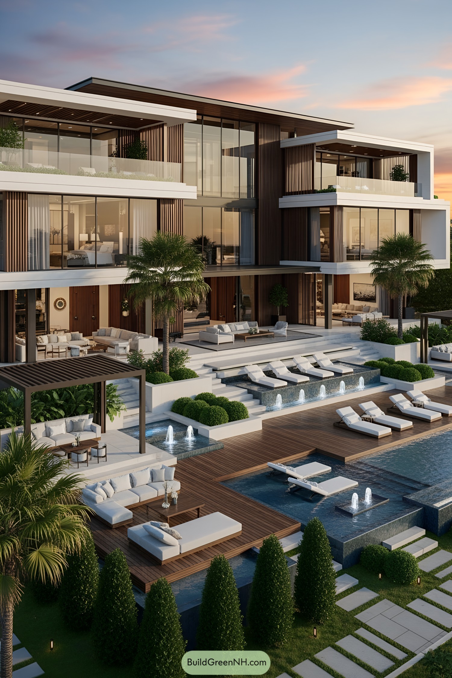 Elegant modern villa at sunset with luxurious poolside seating