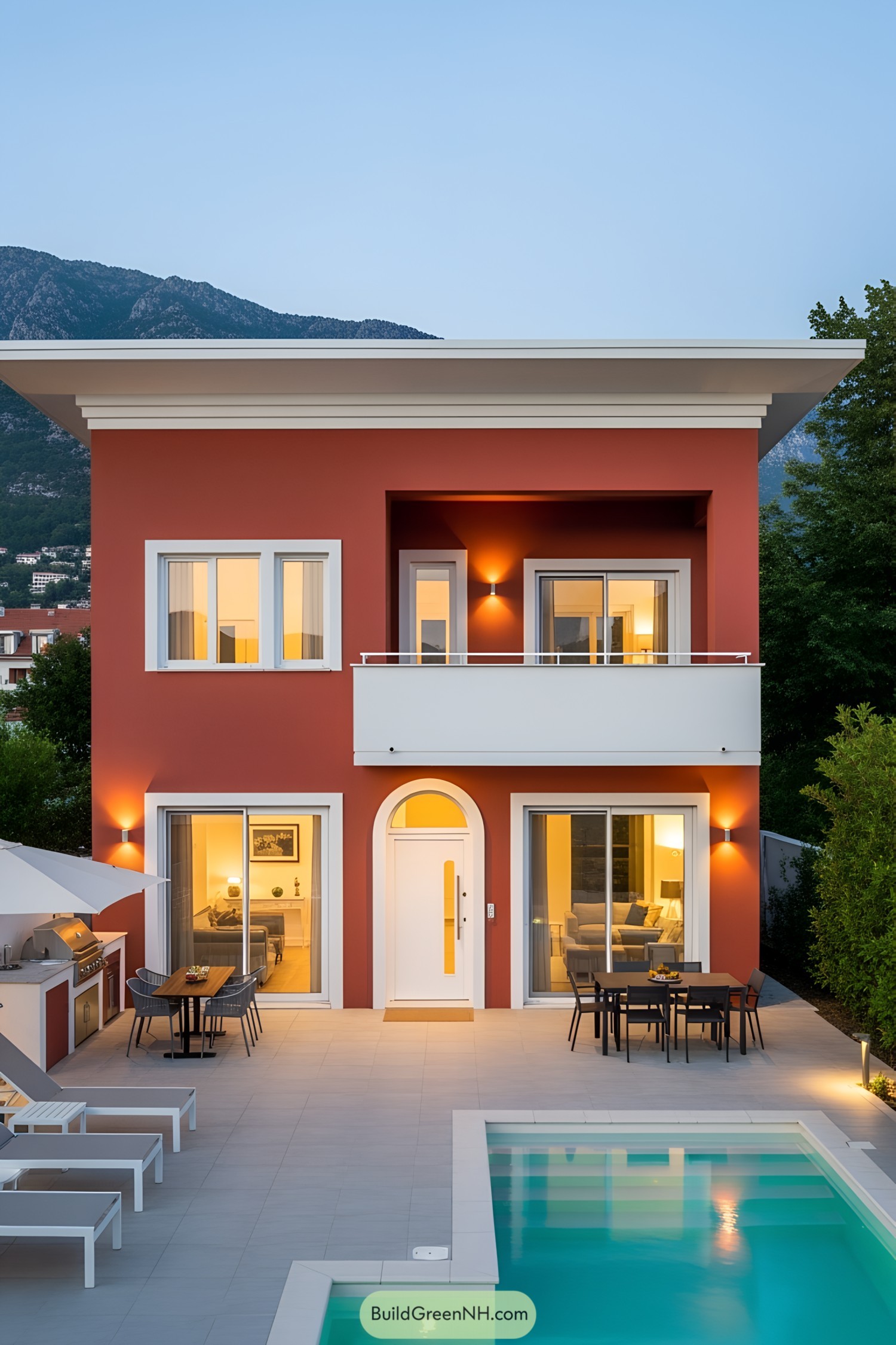 Stylish red villa with a pool and mountain backdrop
