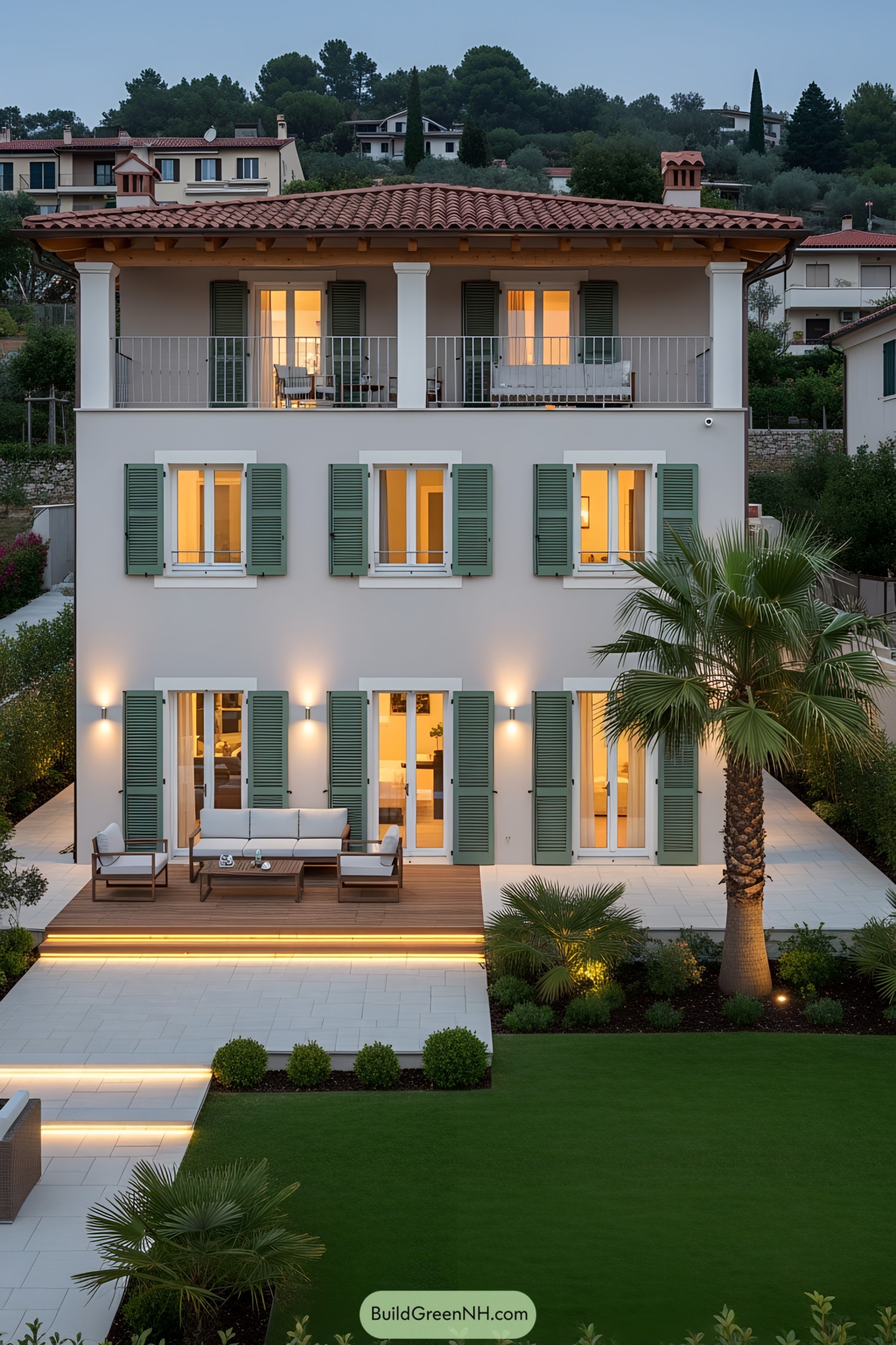Elegant villa with glowing windows and palm tree in the foreground