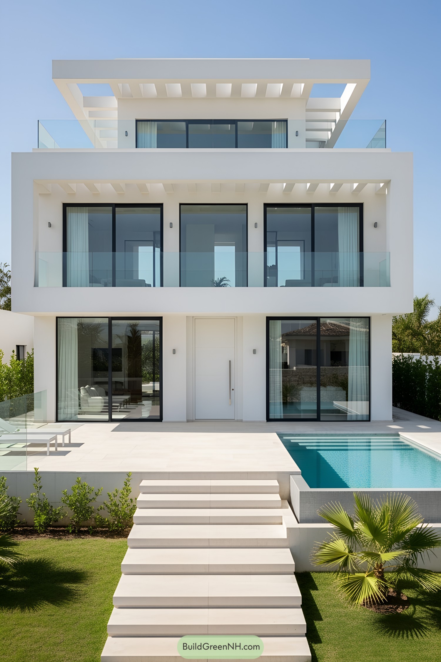 Sleek modern white villa with a pool and glass accents