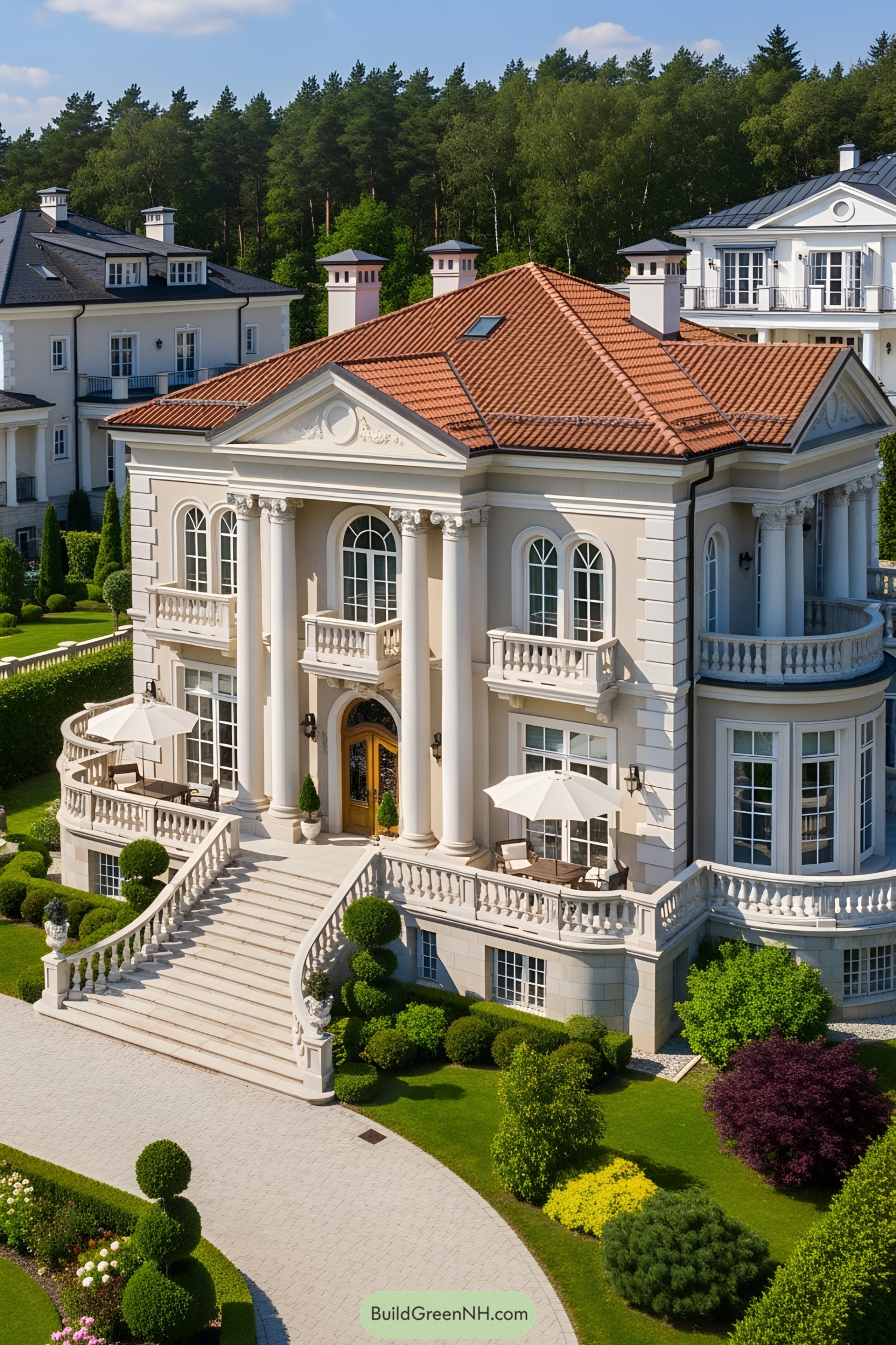 Elegant villa with columns and manicured gardens