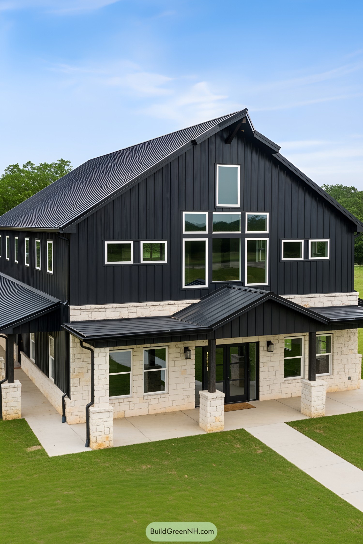 Barndominium with black siding and stone accents