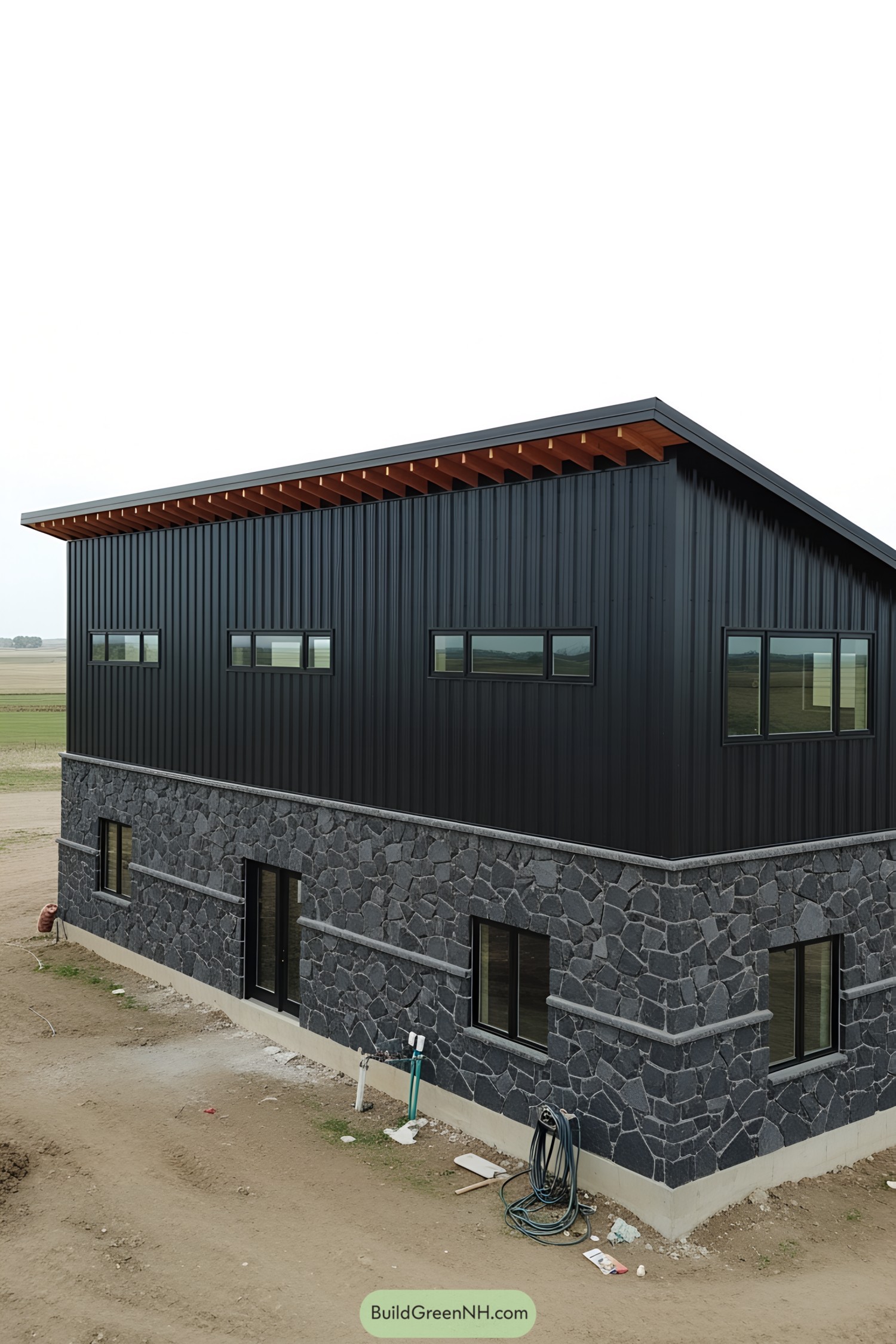 Black and rock barndominium with sleek design