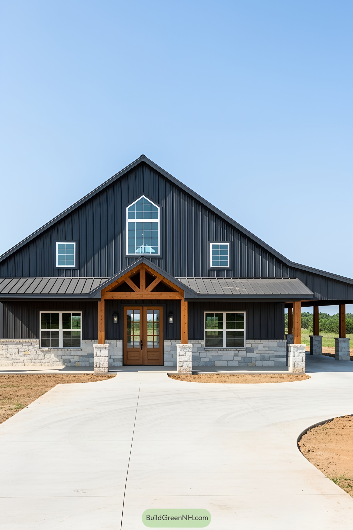 Black barndominium with stone accents and wooden beams