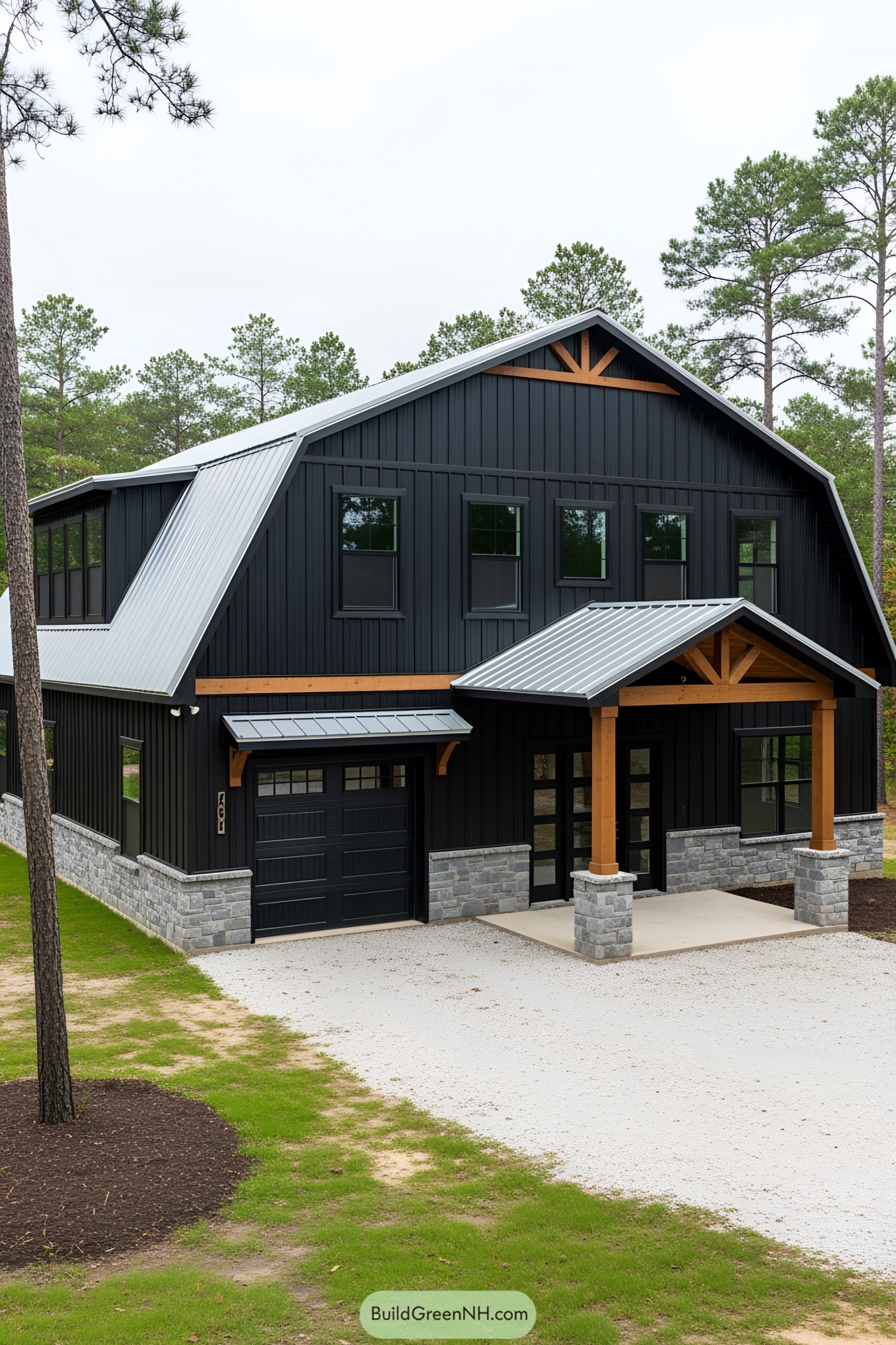 Chic black barndominium with stone accents and modern design