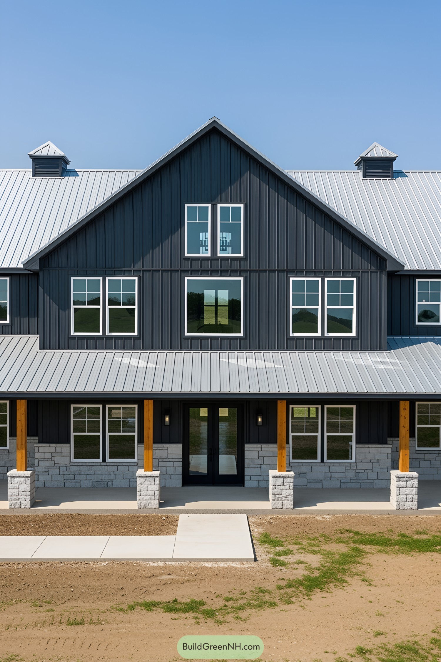 Modern black barndominium with stone accents