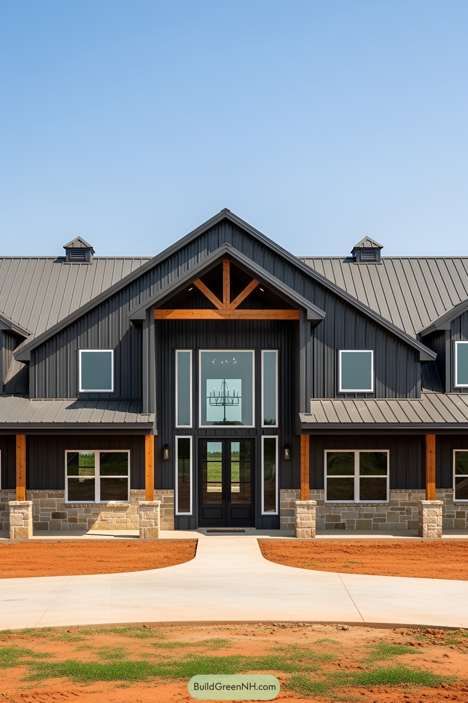Modern black barndominium with rock accents and a bold entrance