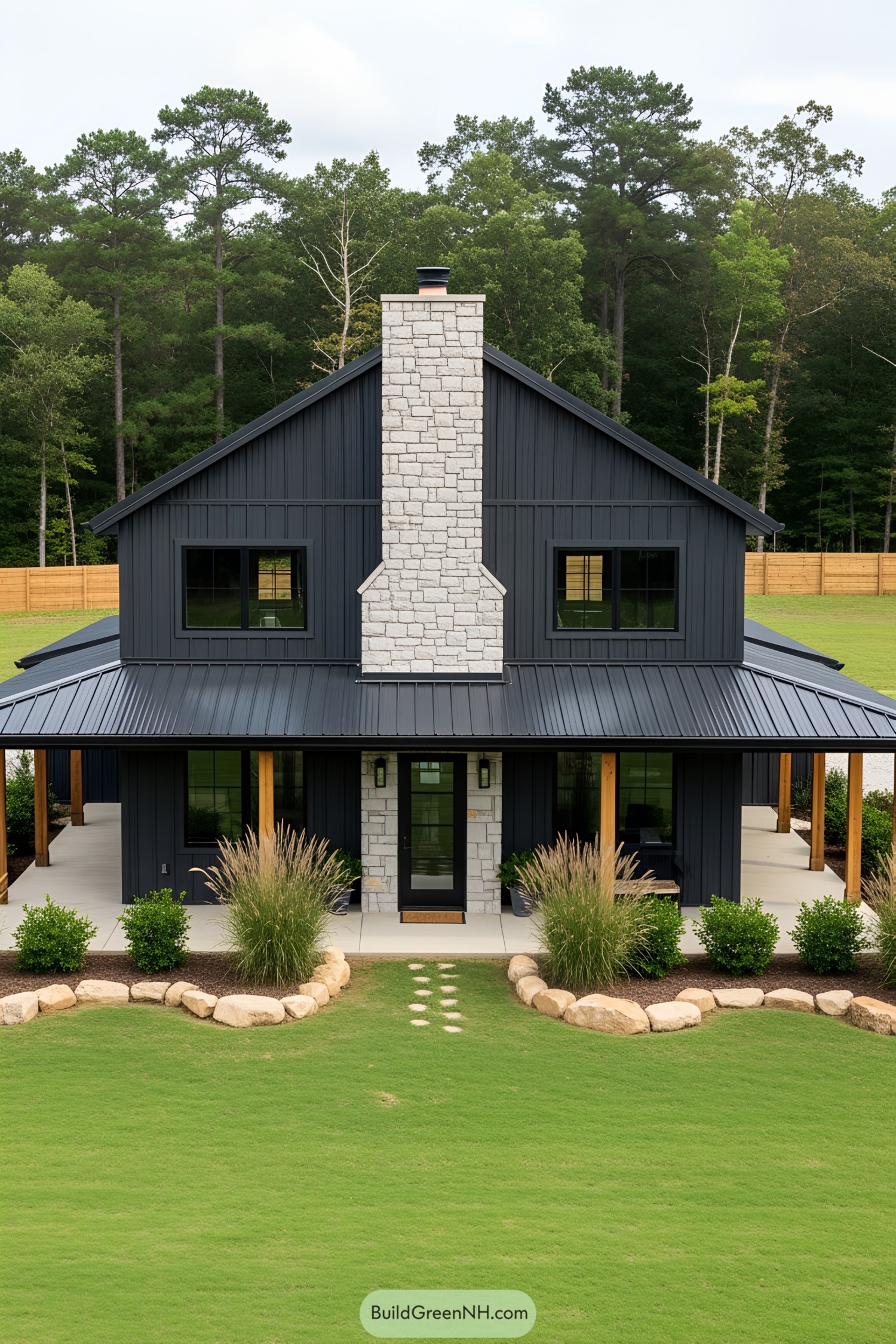 Sleek black barndominium with a stone chimney and modern design