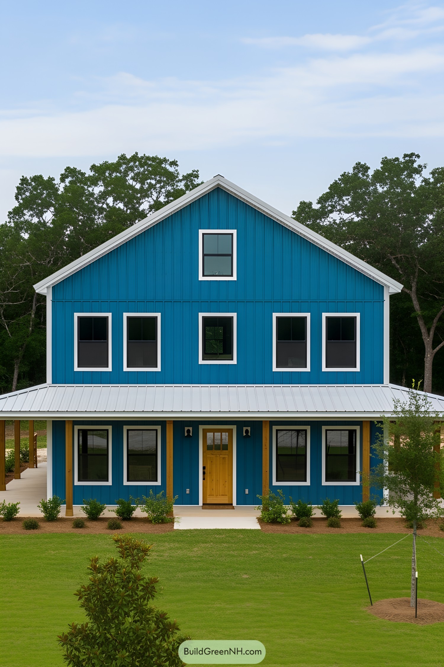 Vibrant blue barndominium with a white roof