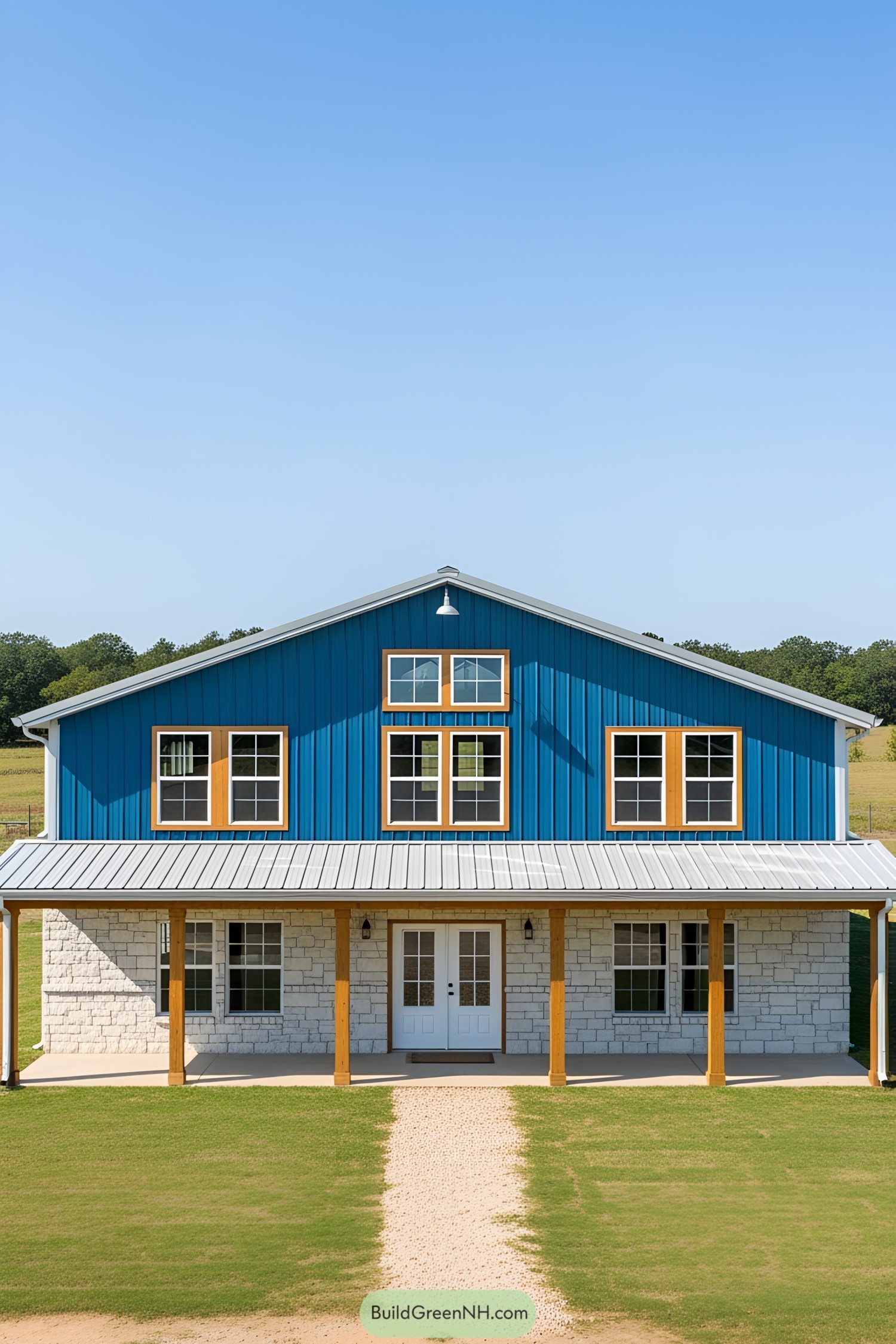 Striking blue barndominium with rustic charm