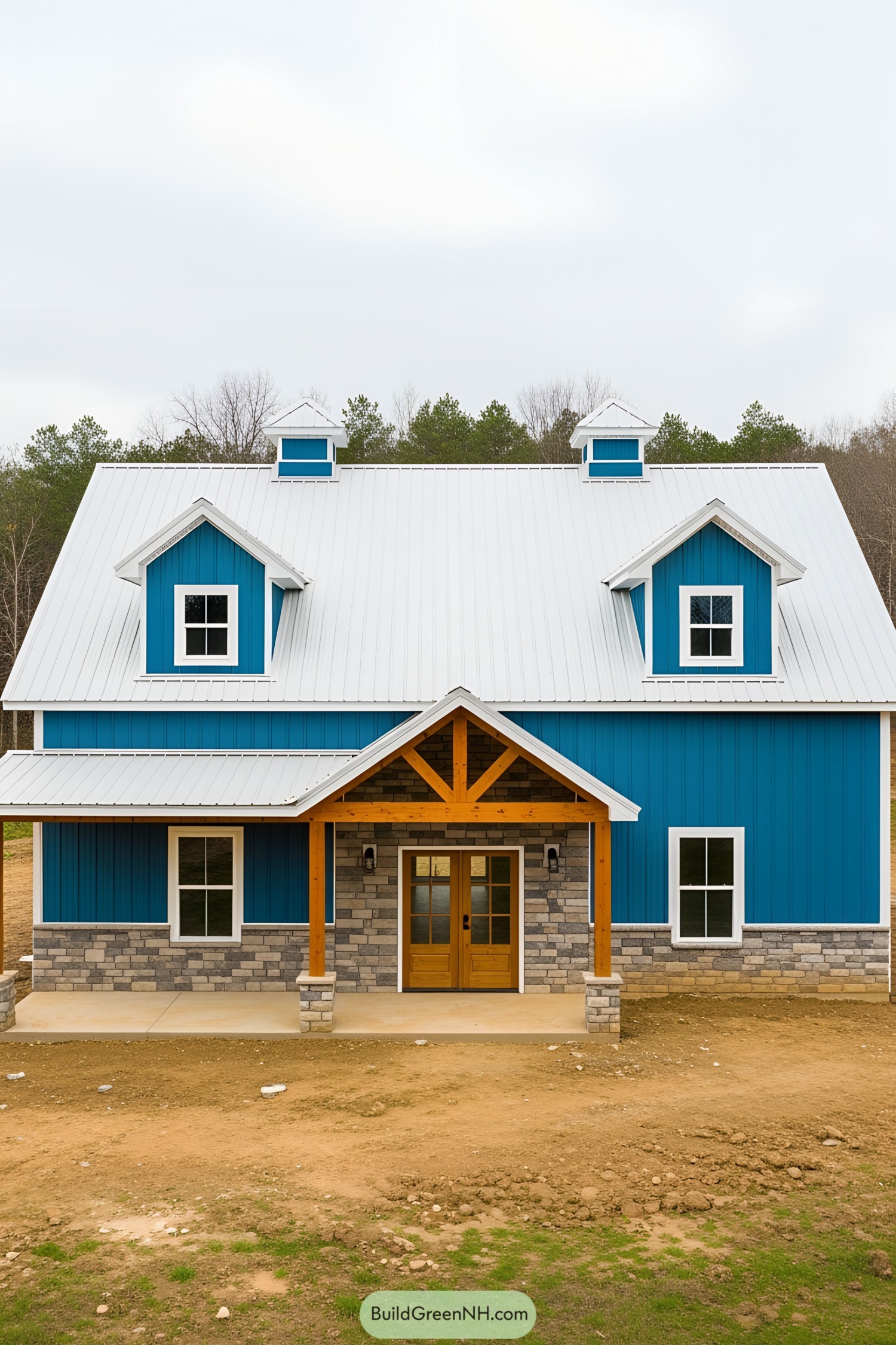 Blue barndominium with stone accents and white roof