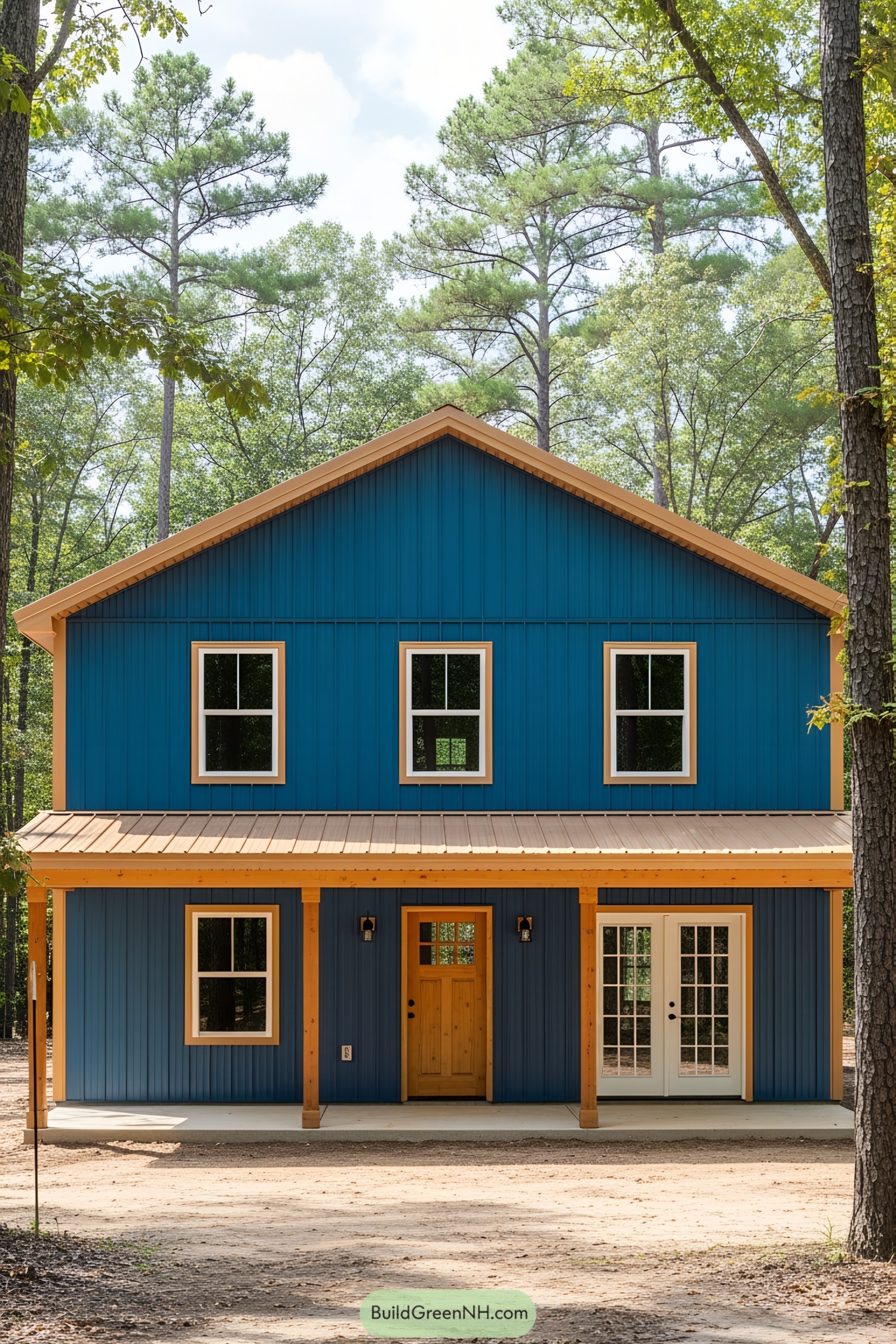 Blue barndominium with wooden accents surrounded by trees