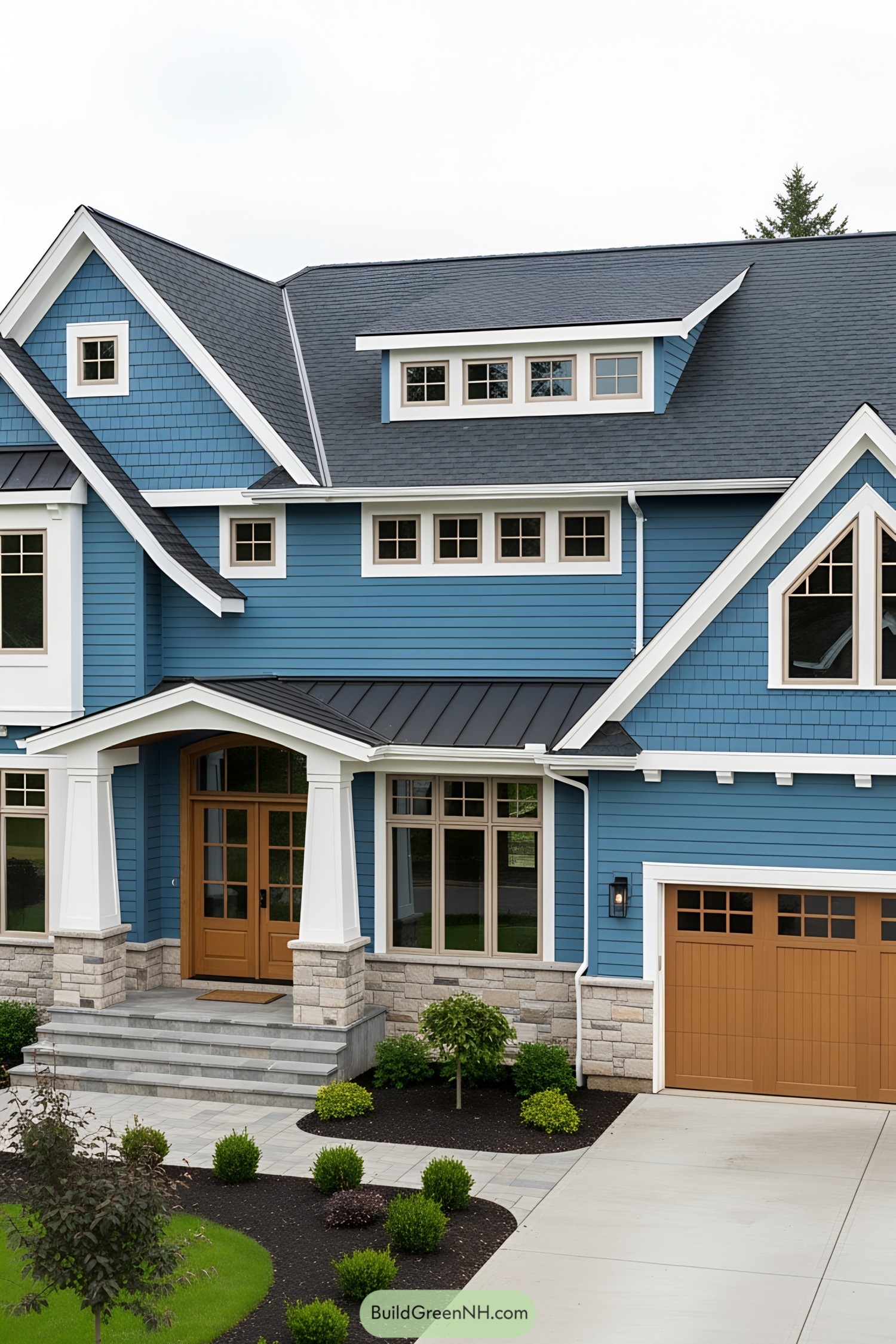 Vibrant blue house with a charming front entrance