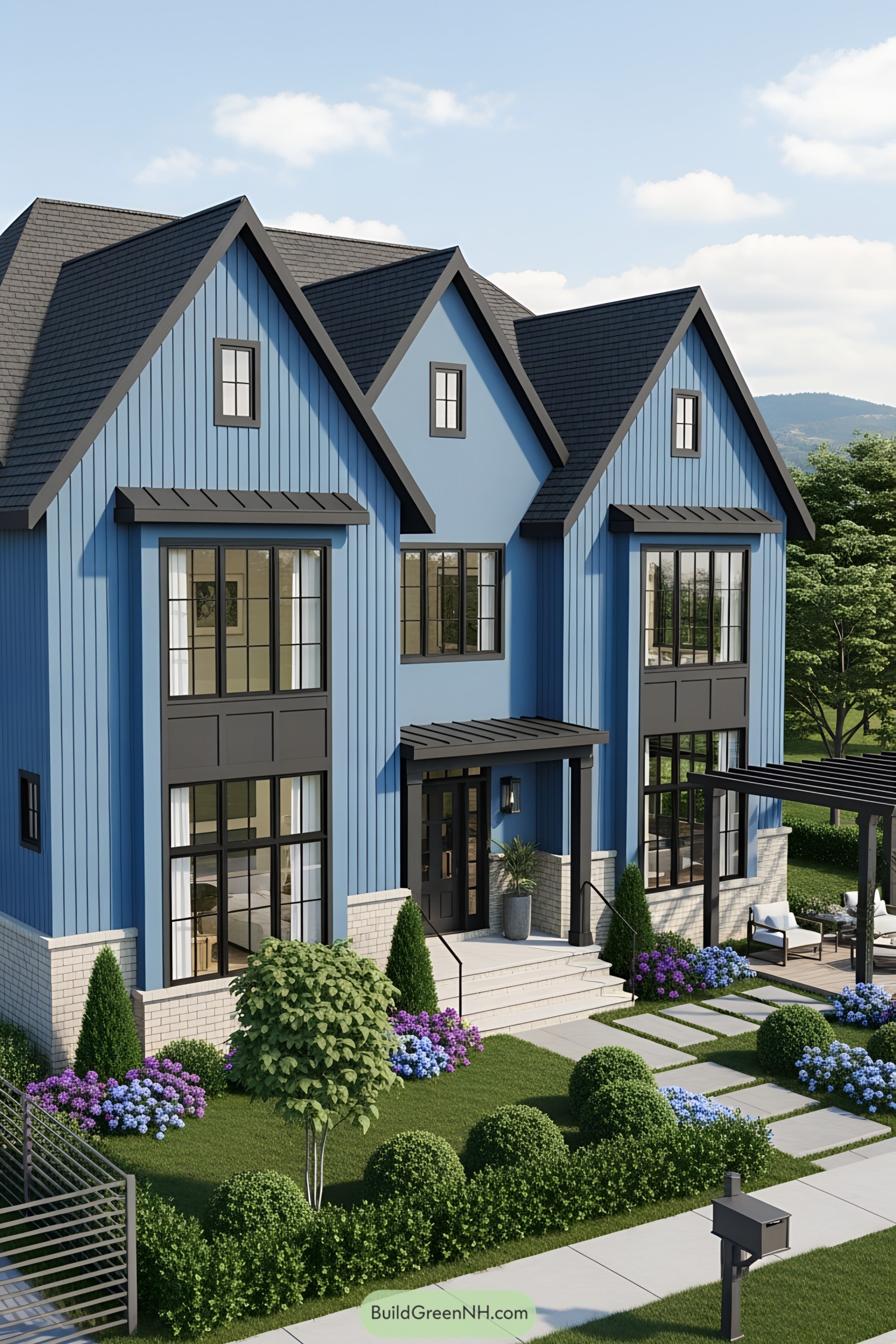 Two-Story Blue House with Black Trim