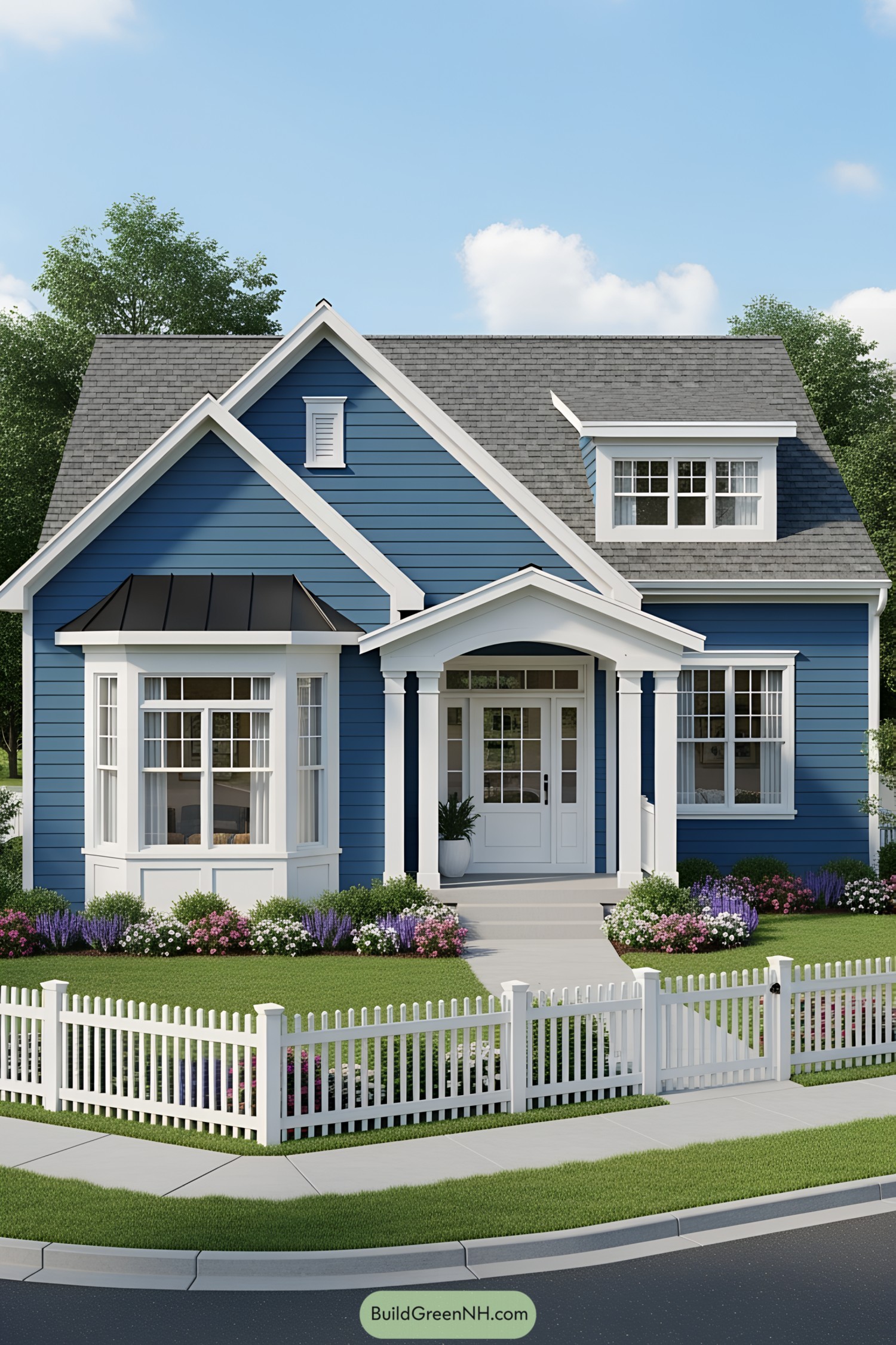 A vibrant blue house with a lush garden and a white picket fence