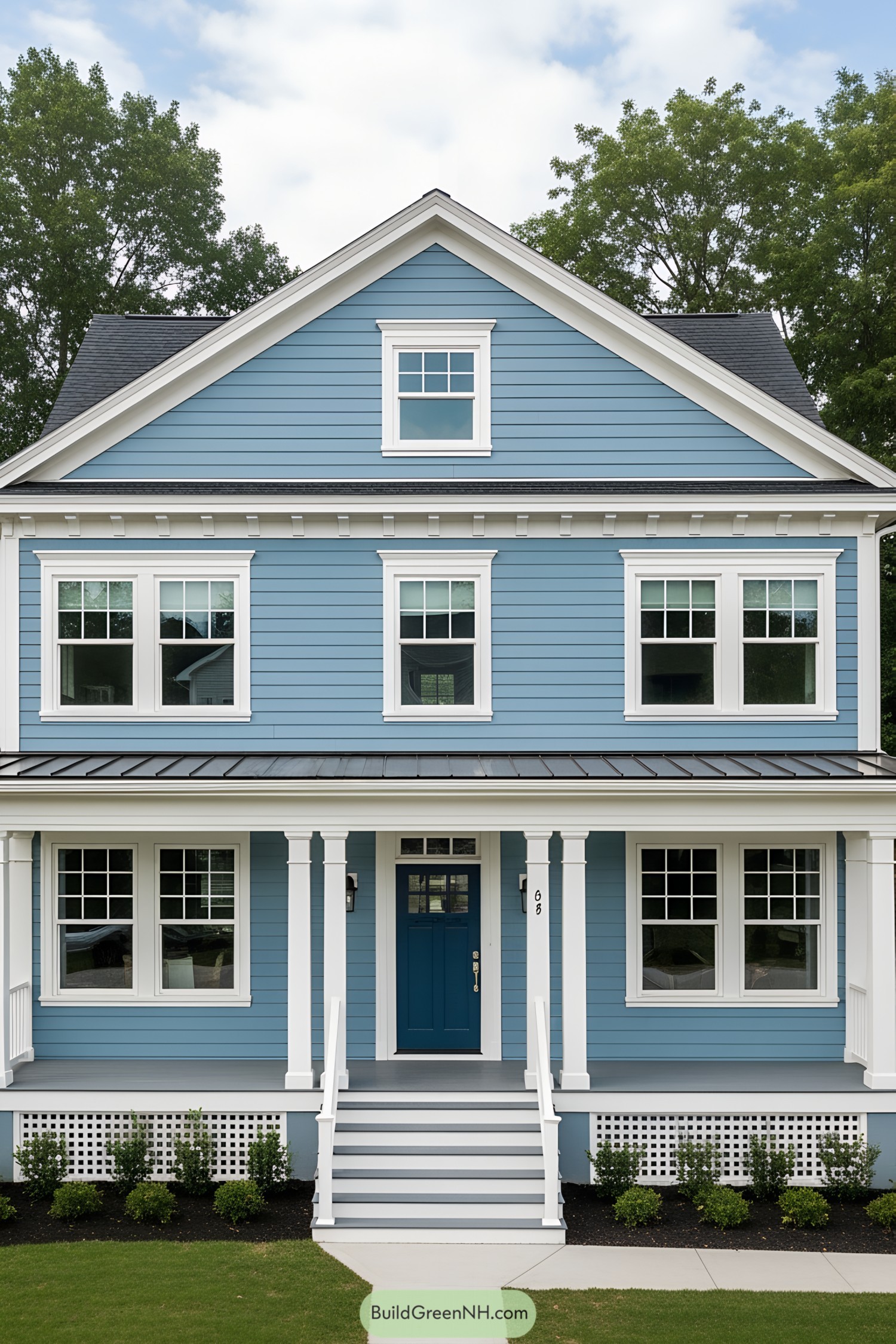 Blue suburban house with white accents