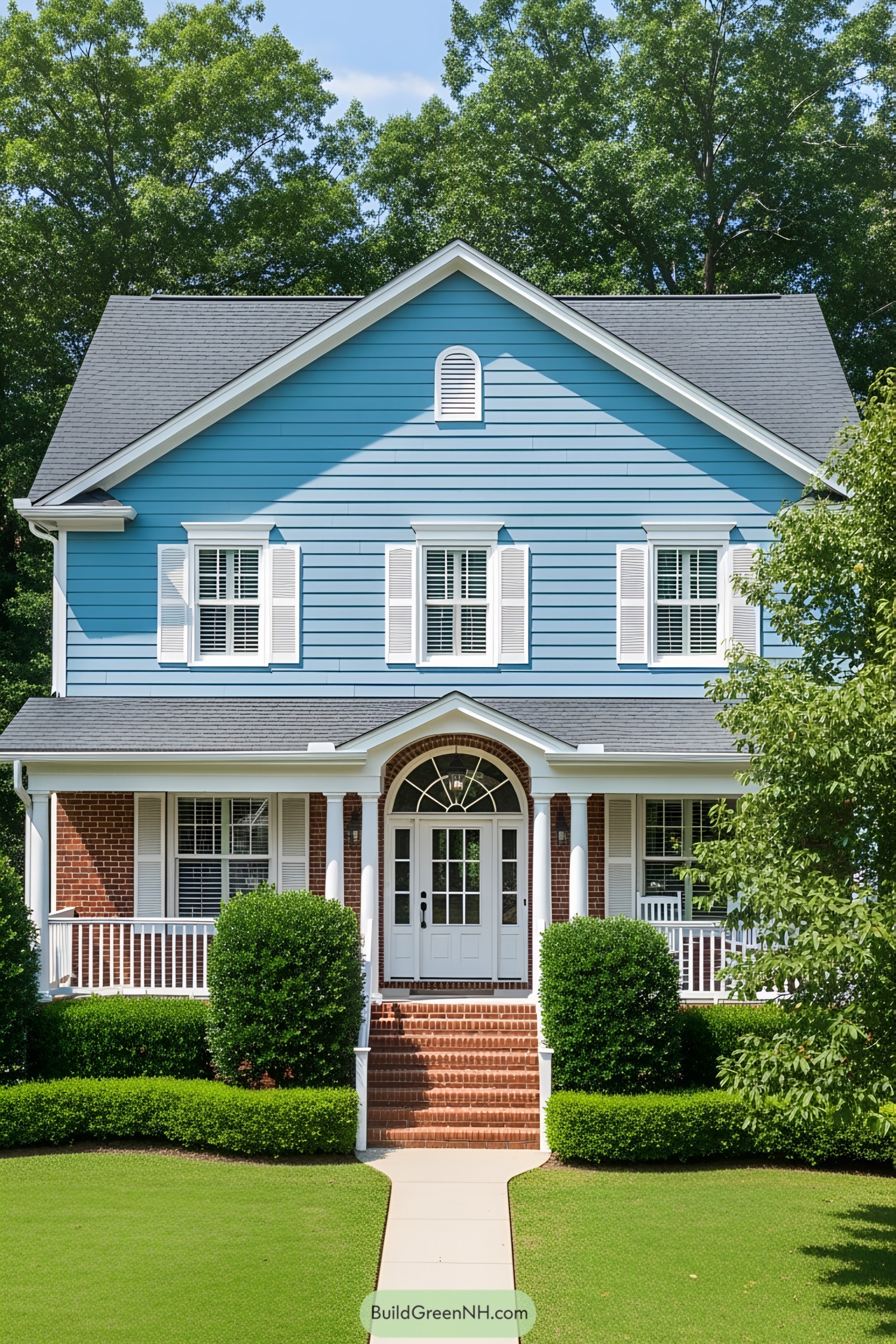 A blue house with white trim and red brick foundation