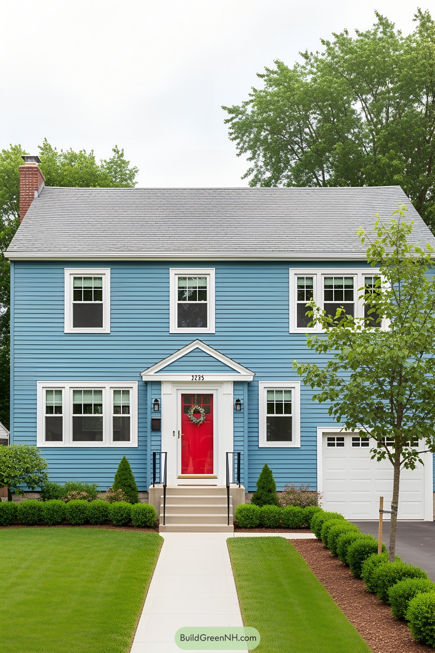 Two-story blue house with red door and white trim
