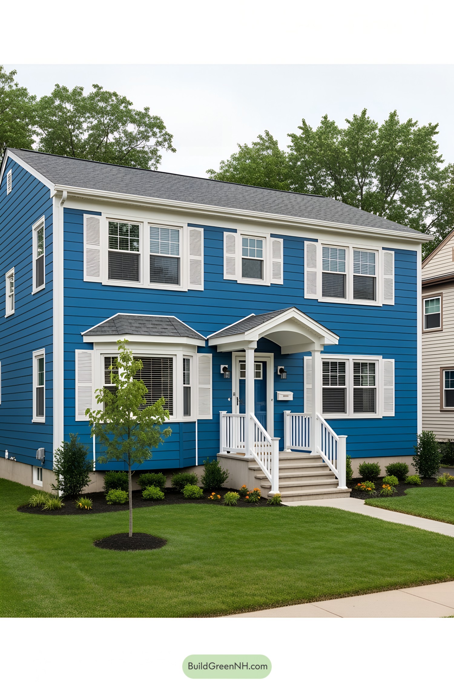 Bright blue suburban house with white trim