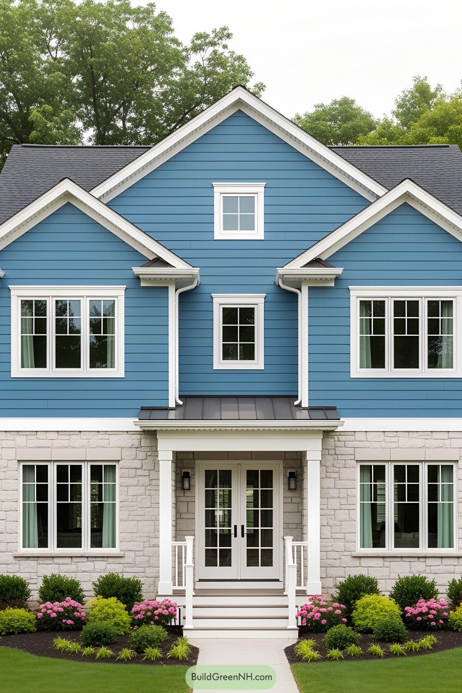A blue suburban house with a white-trimmed entrance