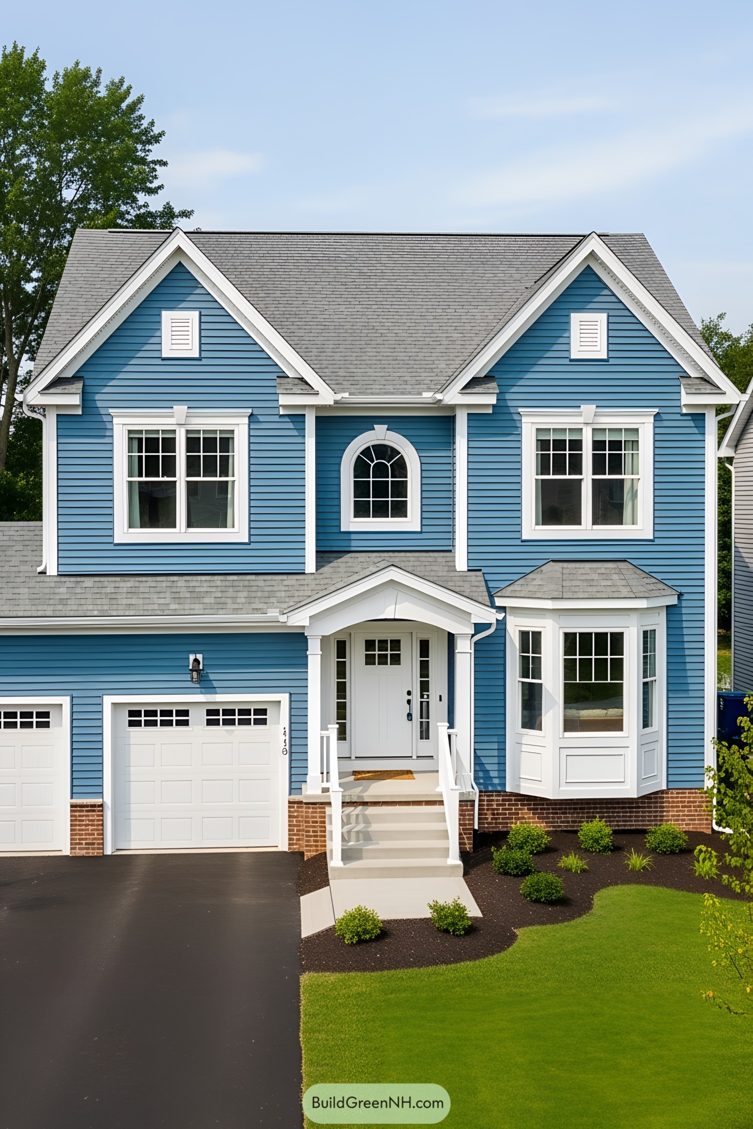 Bright blue suburban house with white trims and a lush yard