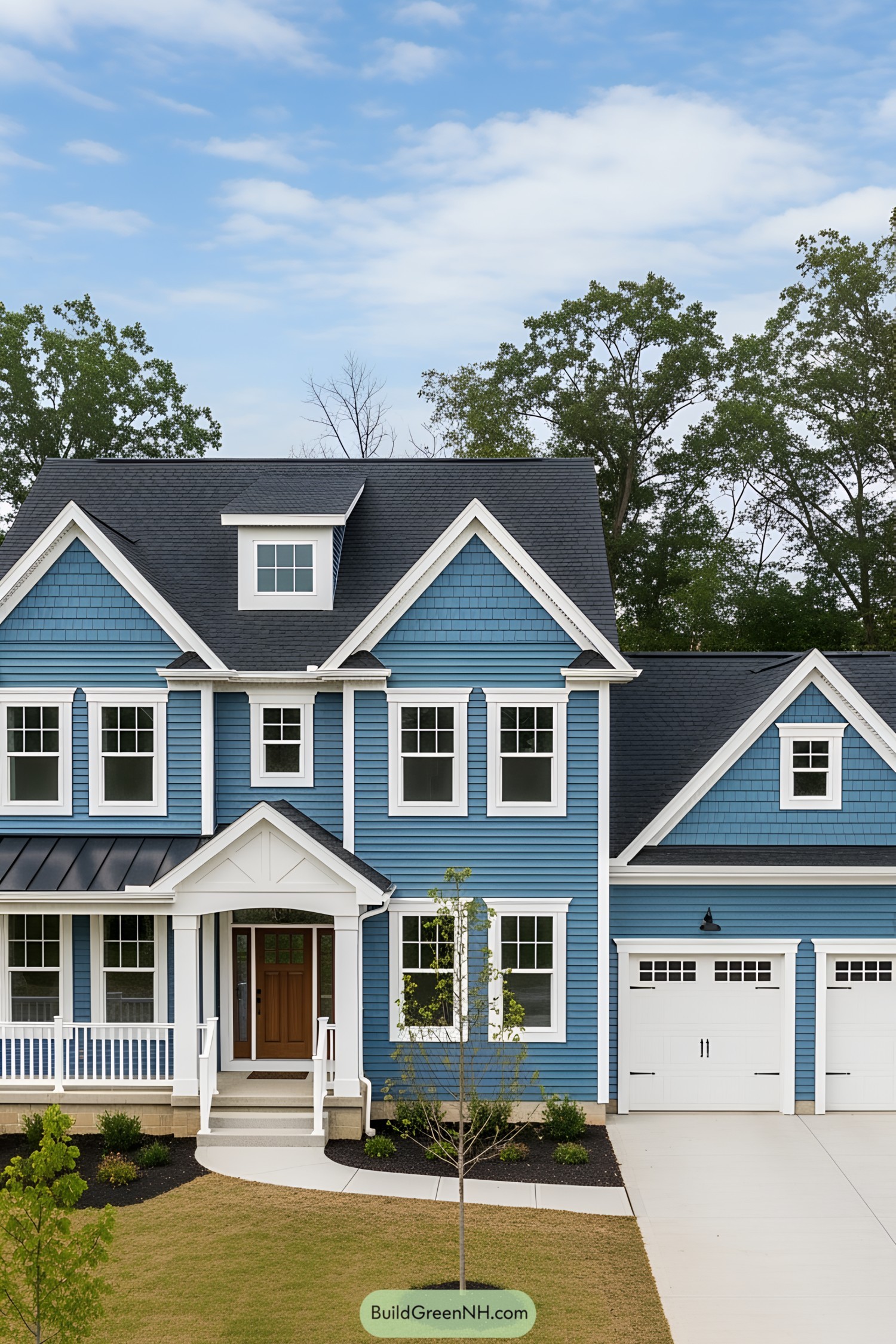 A modern blue house with a porch, peaked roof, and attached garage
