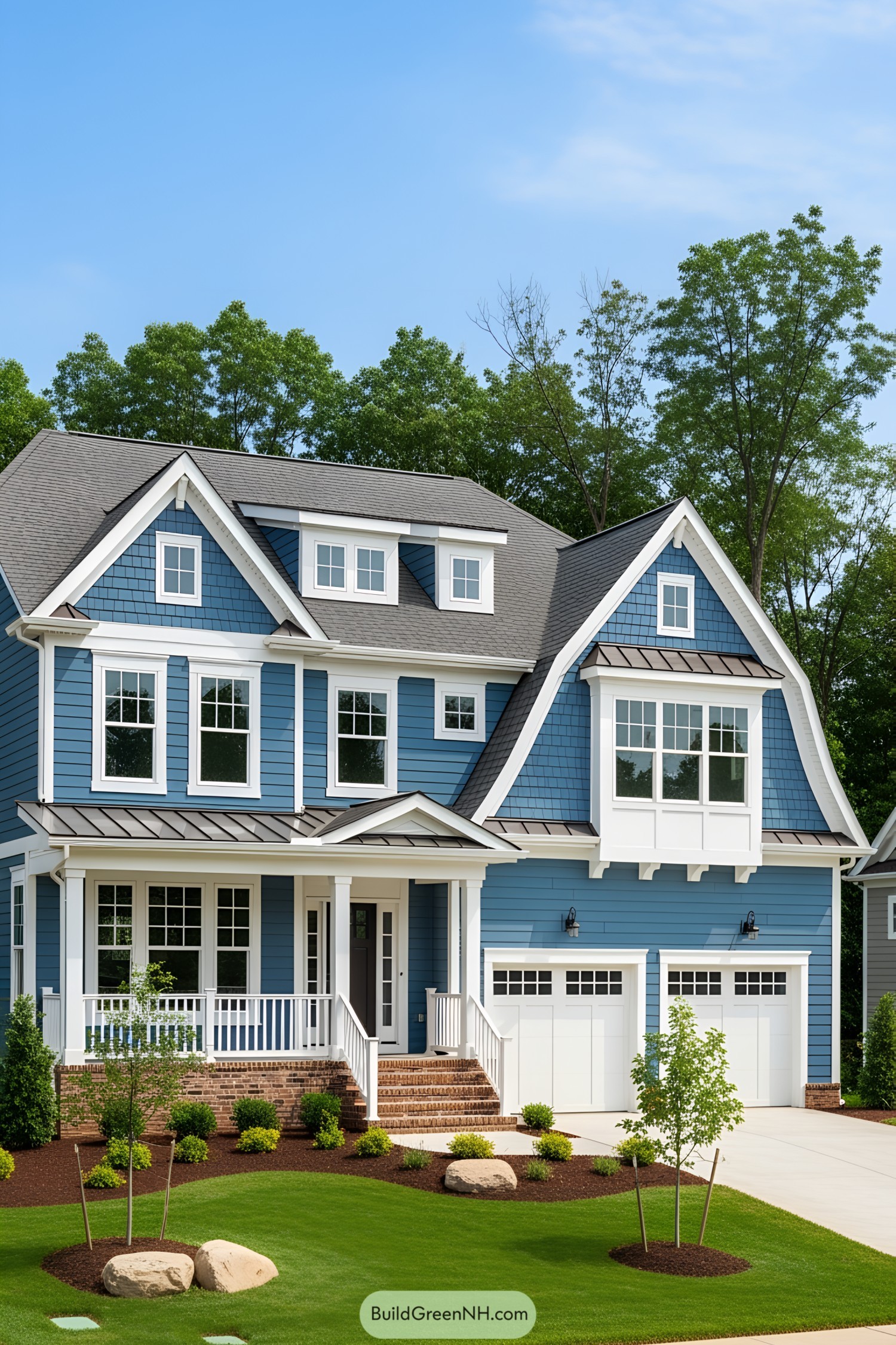 Stately blue suburban house with a porch