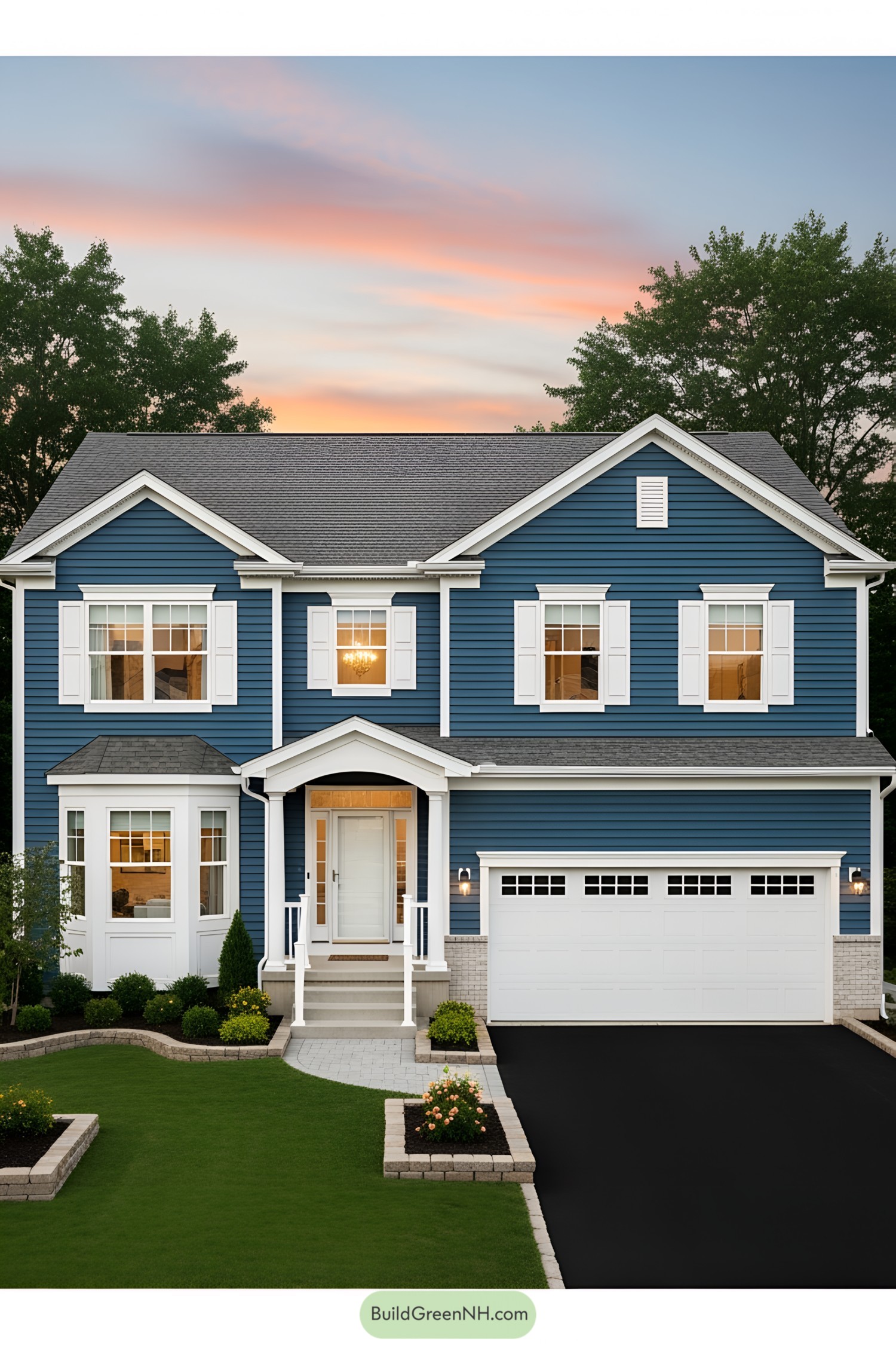Blue suburban house with white trim and a garage