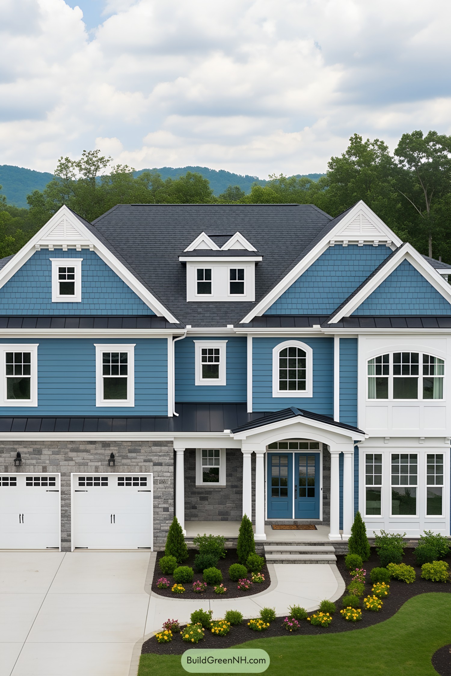 Two-story blue suburban house with a grand entrance