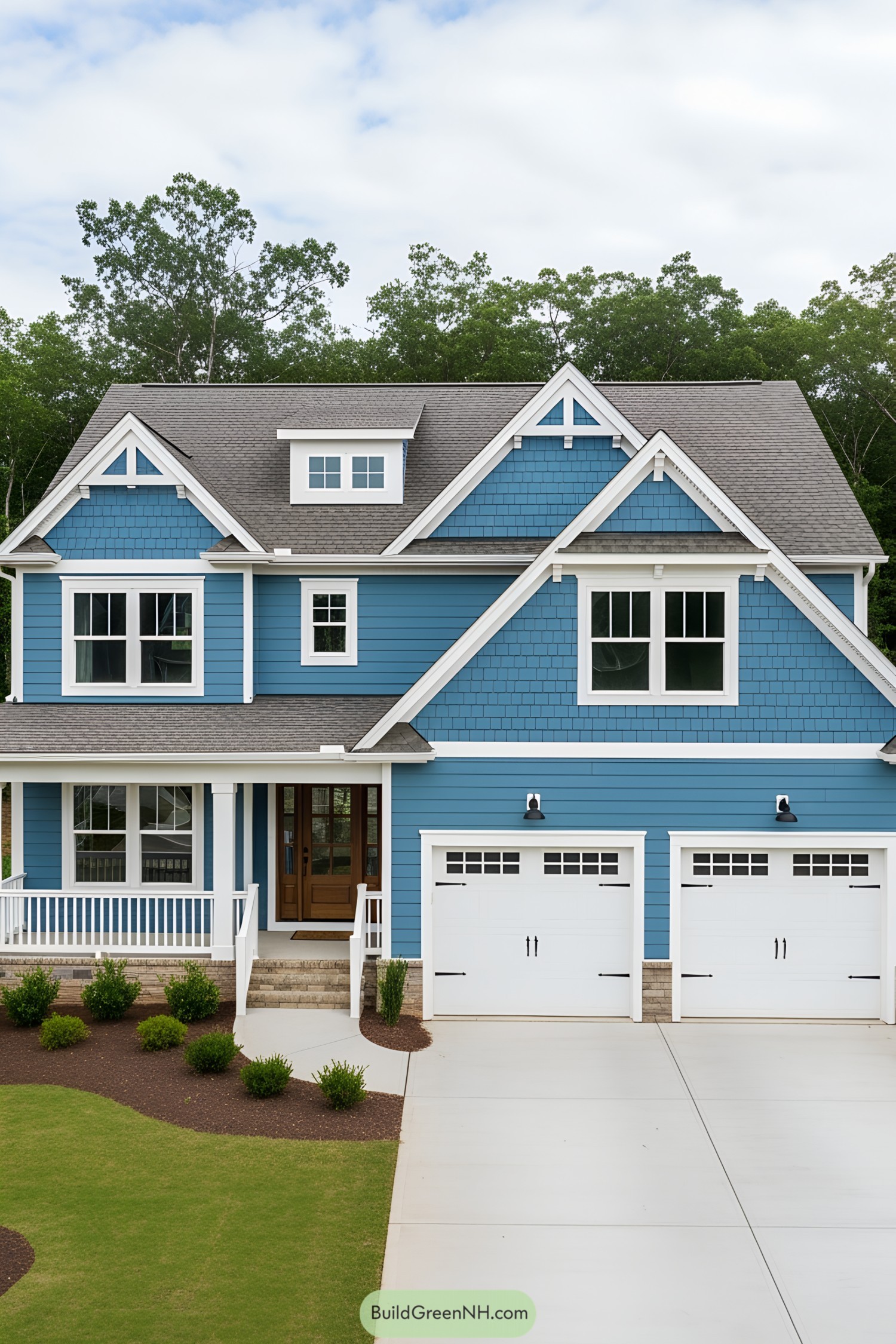 Blue suburban house with white accents and a spacious driveway