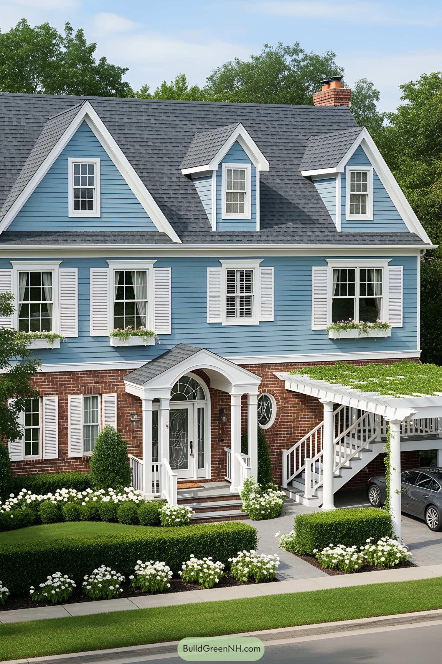Charming blue house with white shutters and red brick accents