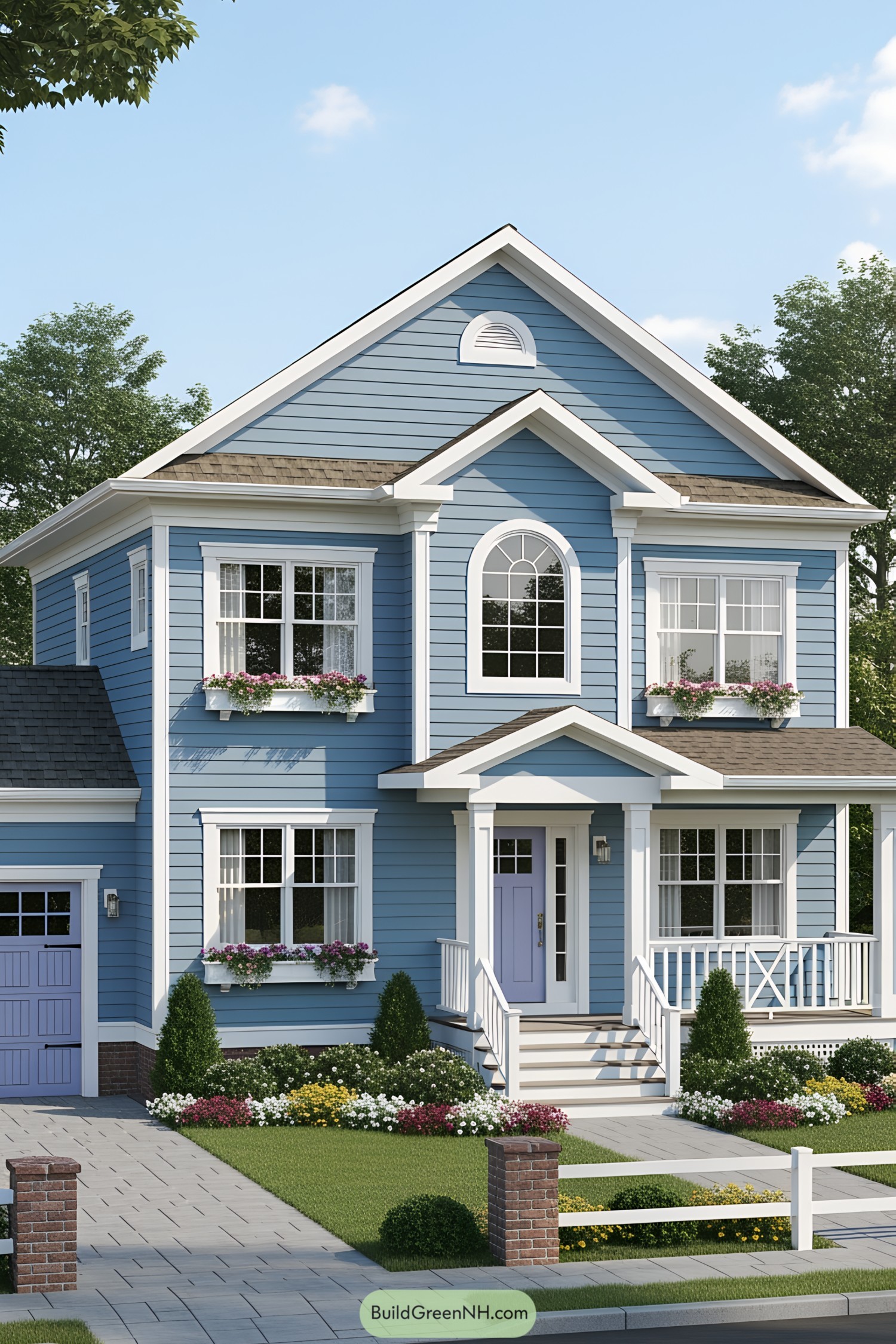 Charming blue house with white trim and flower boxes