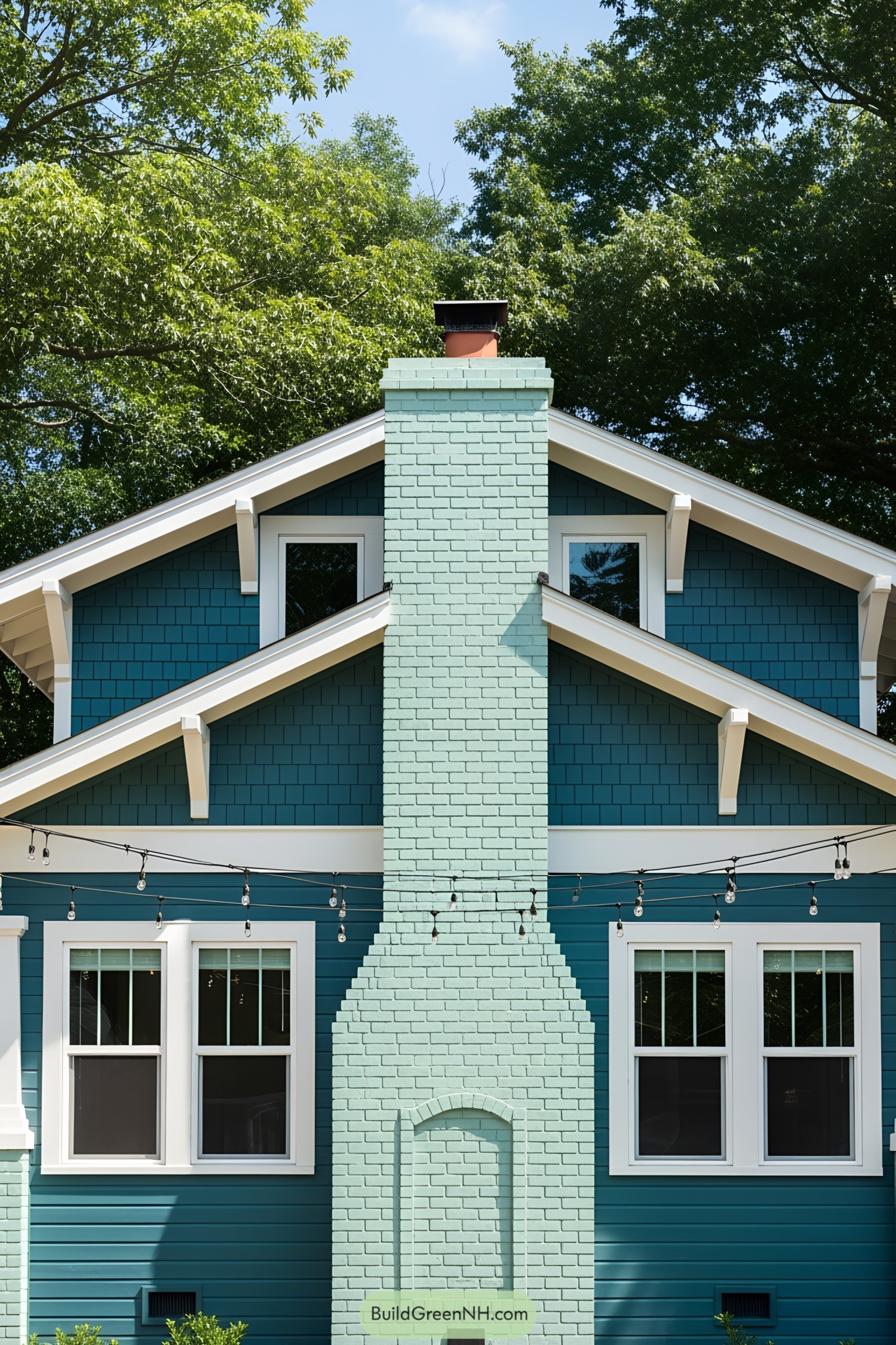 A blue house with a mint green brick chimney