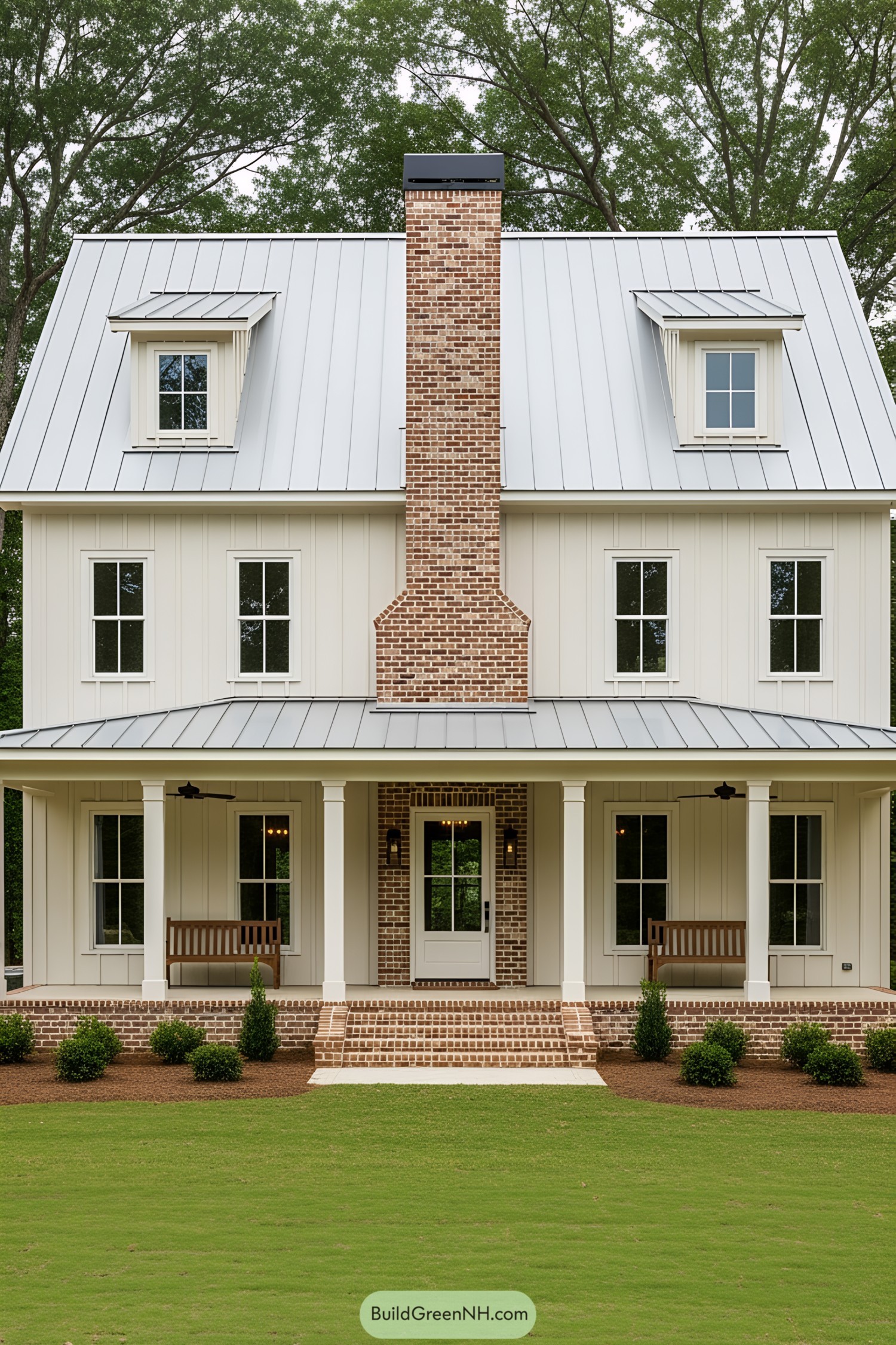 House with a tall brick chimney and a wide porch
