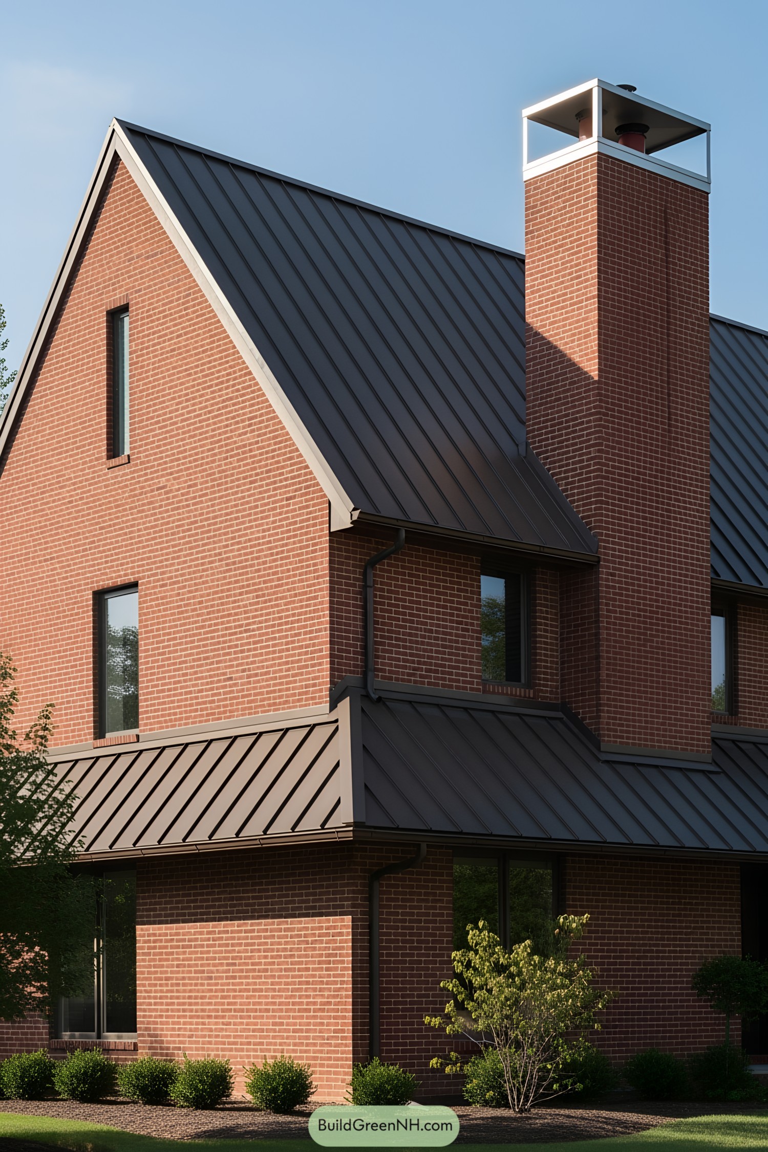 Brick house with prominent chimney and modern roof