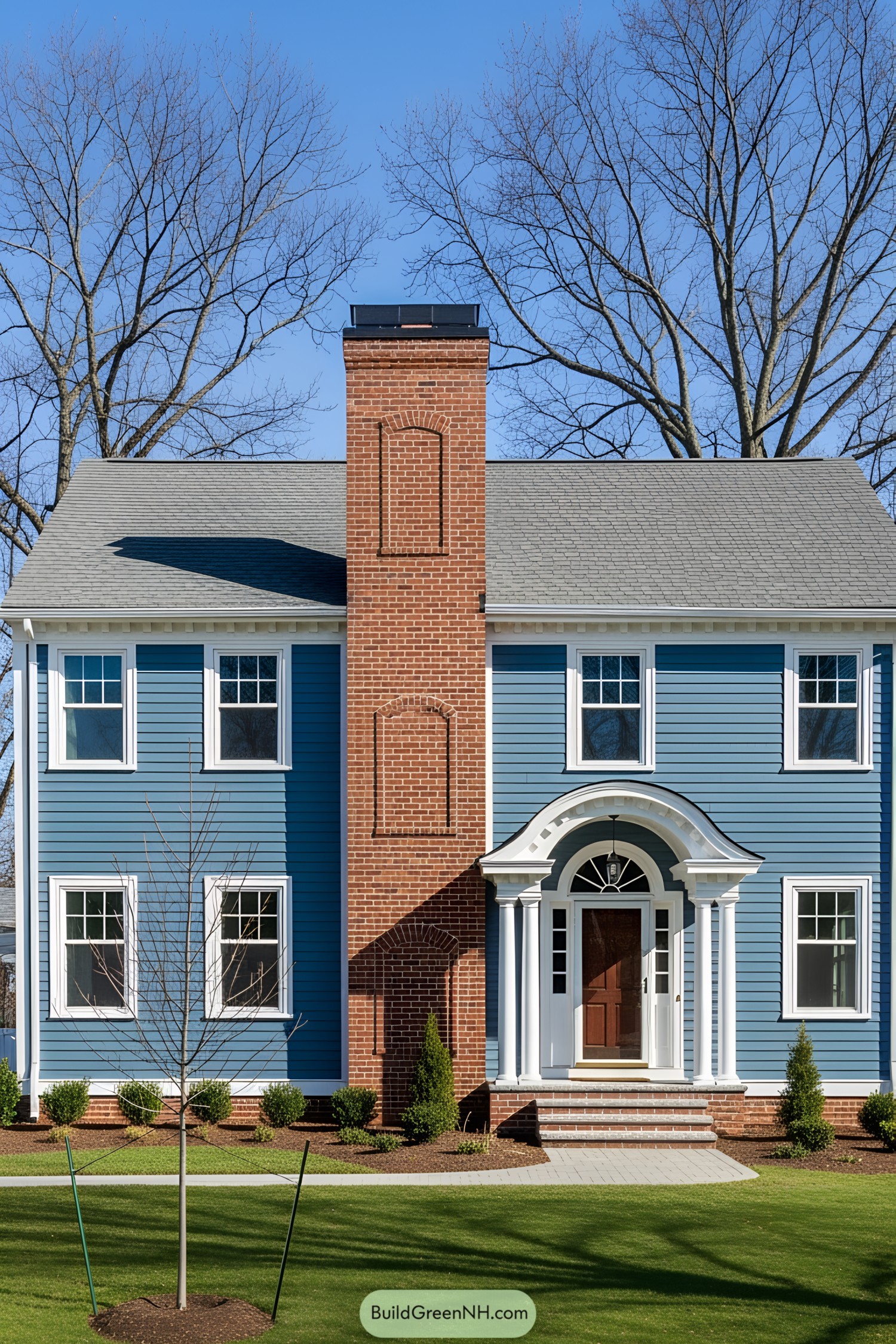 Blue house with a prominent brick chimney