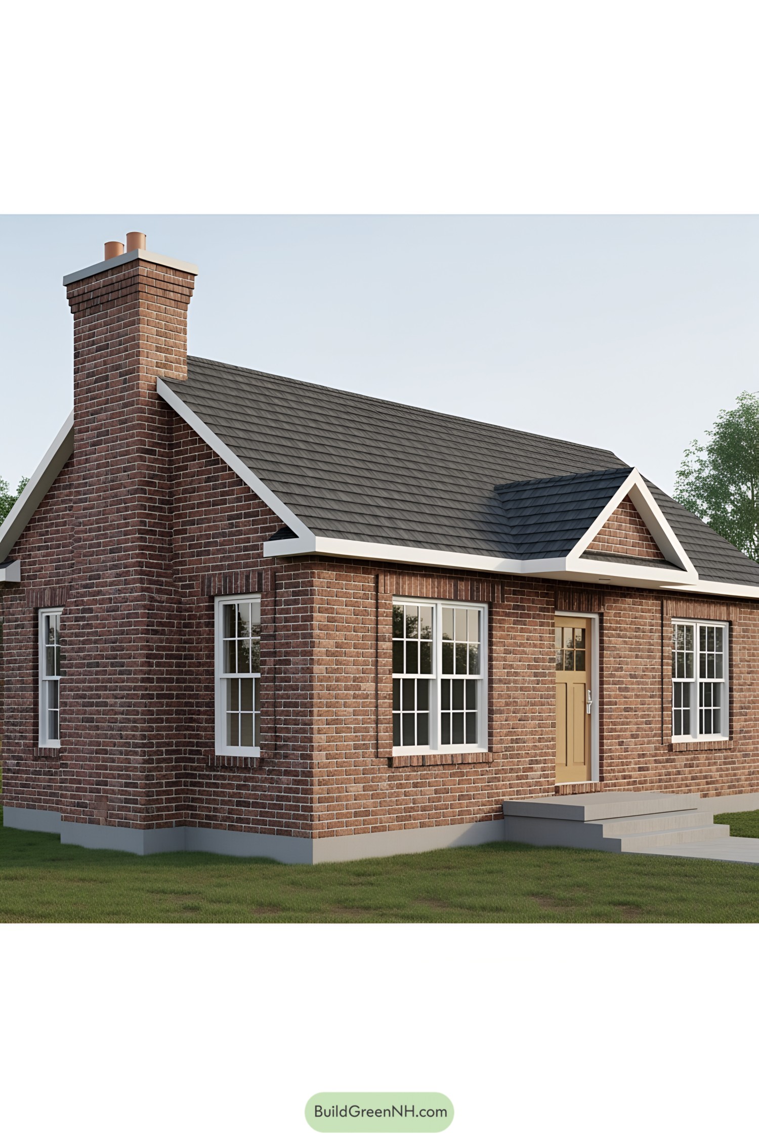 Brick house with a prominent chimney and classic windows