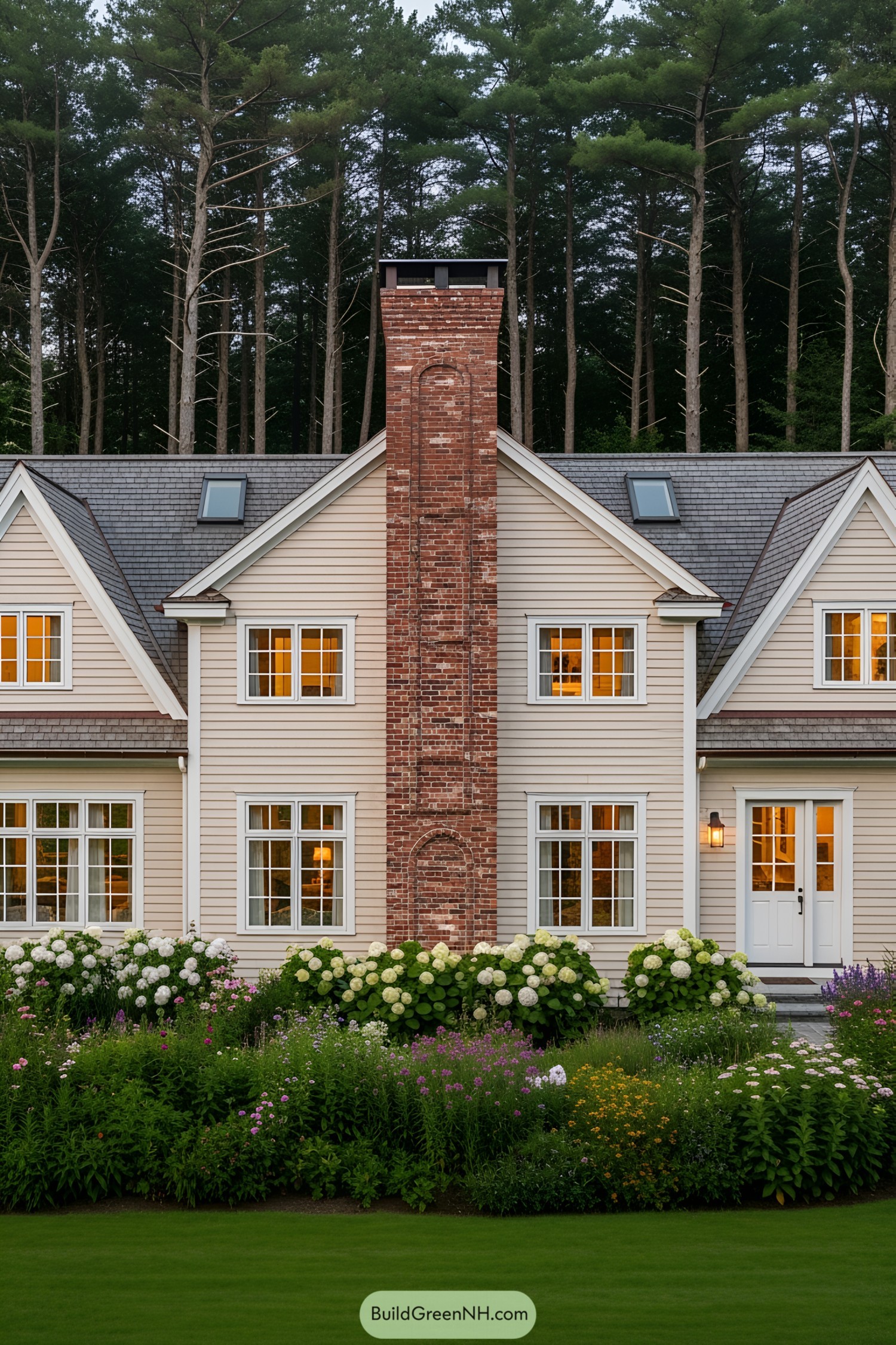 Charming brick chimney rises above a cozy tan house with glowing windows