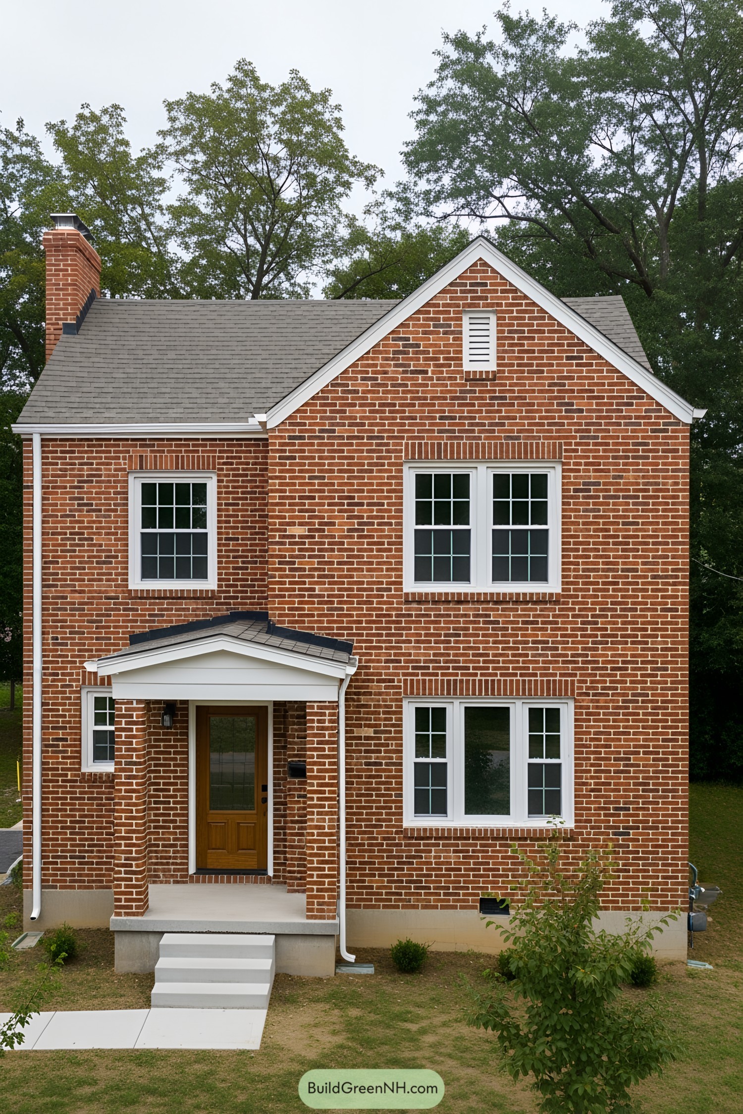 A two-story brick house with a prominent chimney