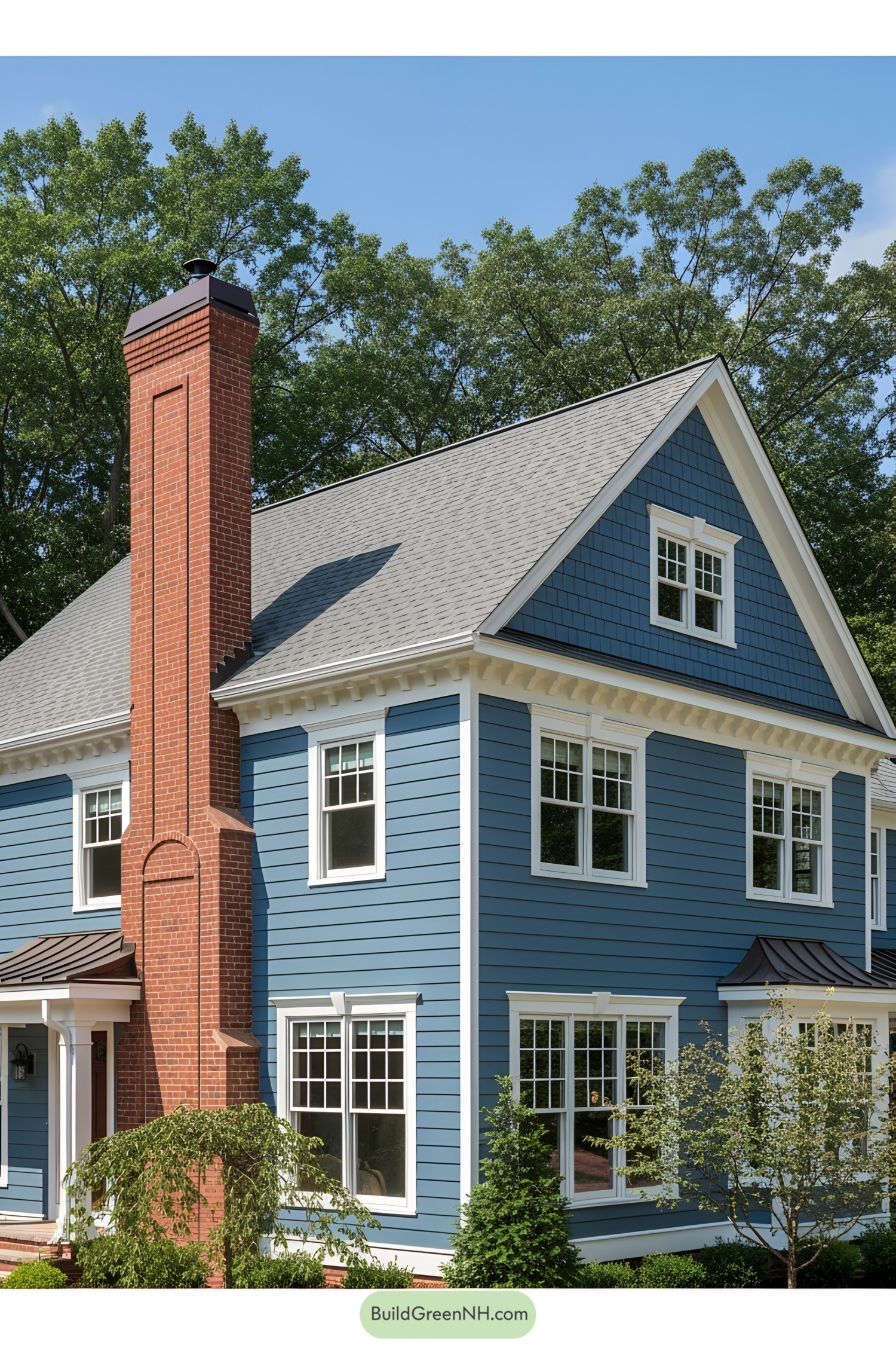 A house with blue siding and a tall brick chimney