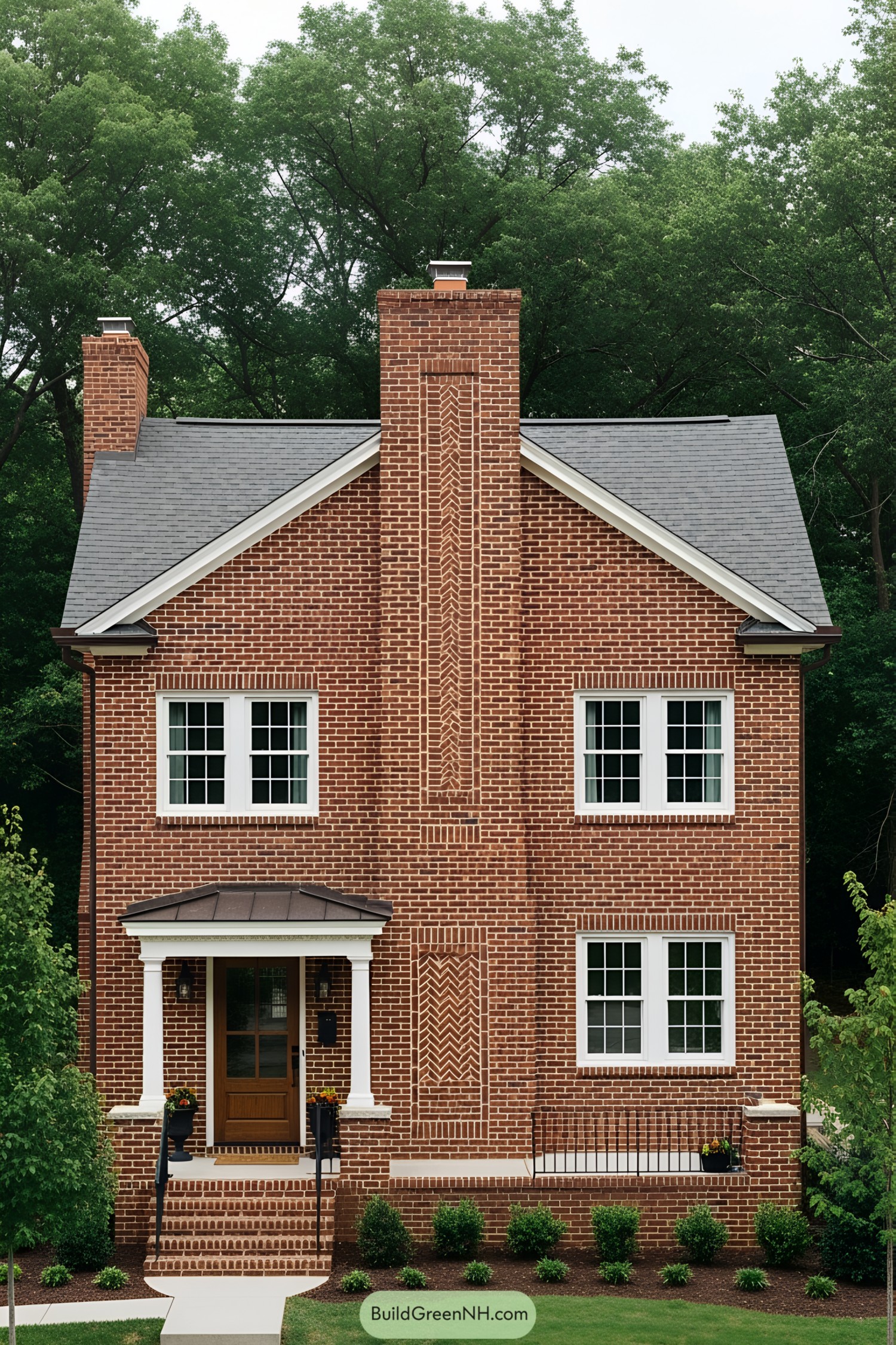 Red brick house with prominent chimney and white-trimmed windows