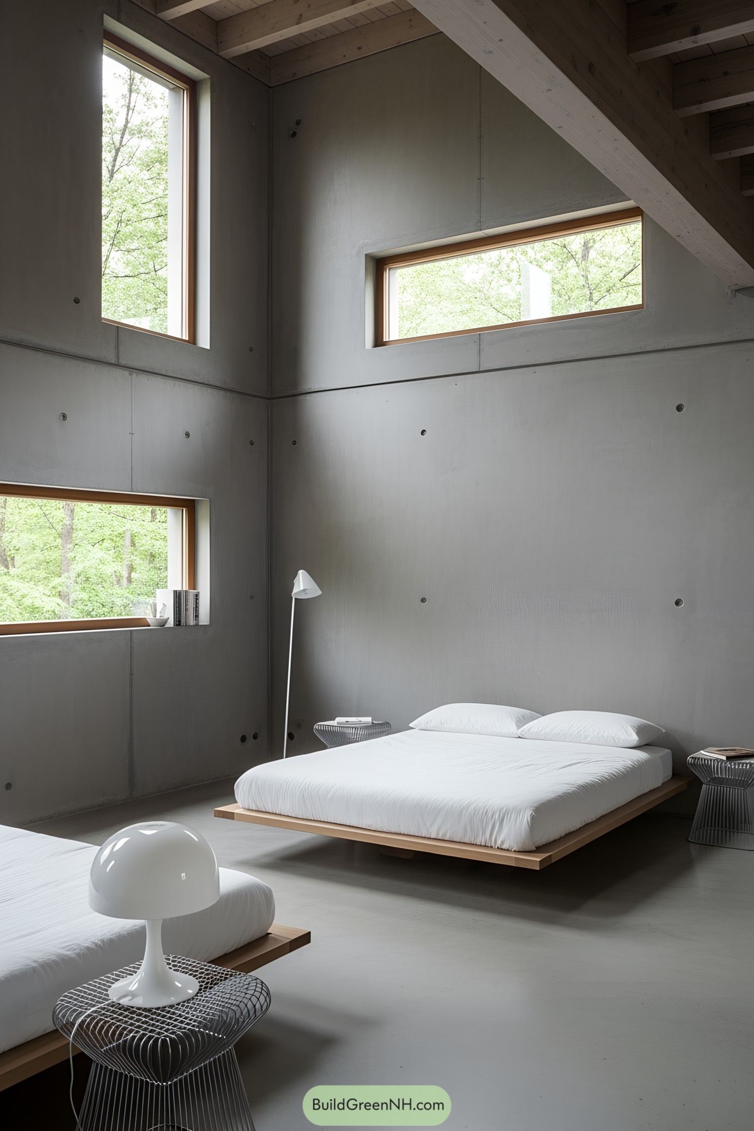 Minimalist bedroom with concrete walls and large windows
