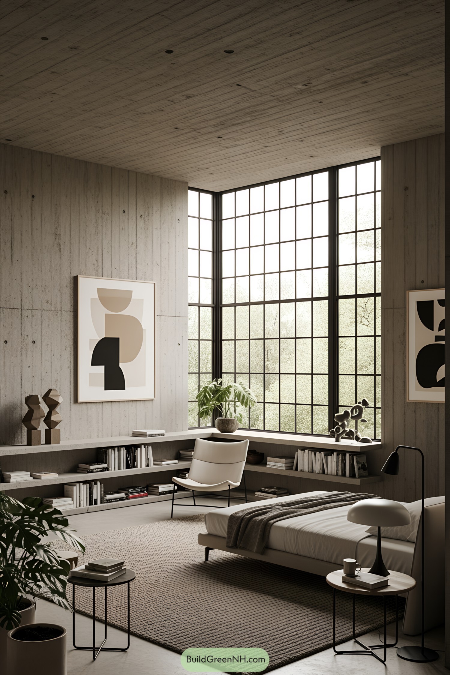 Bedroom with concrete walls, large grid windows, and modern decor