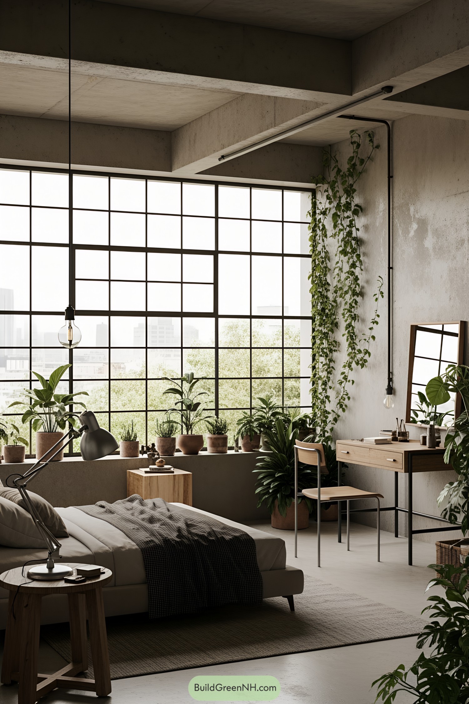 Modern room with large windows and indoor plants