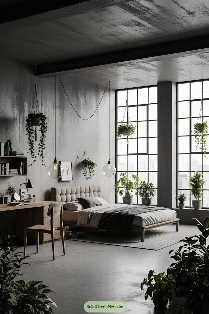Brutalist bedroom with industrial aesthetic, dark neutral color theme, exposed concrete walls and ceiling, large steel-framed floor-to-ceiling windows, polished concrete floor, minimalistic heavy wooden furnishings, low-profile bed with tufted headboard, simple pendant lighting, utilitarian desk, and chair, numerous potted and hanging green plants, cityscape view through the windows, sparse accessories for an austere yet organic atmosphere.
